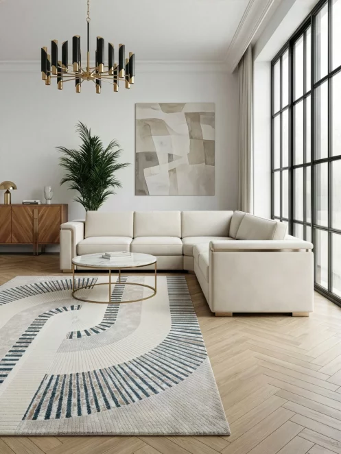 Dywan 60x100 cm kremowo, niebieski z modernistycznym, łukowym wzorem CRYSTAL3 Eurofirany