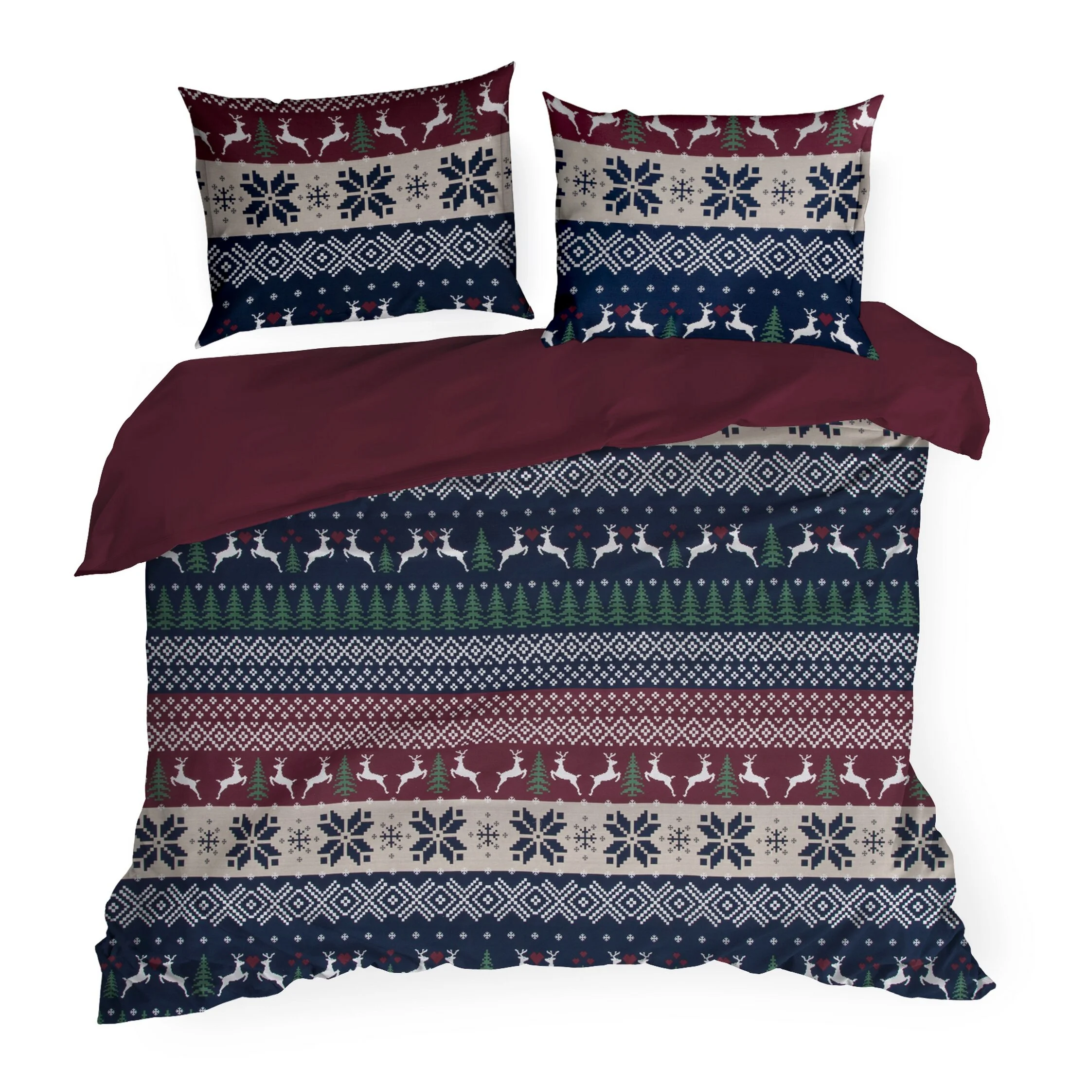 Pościel świąteczna 220x200 cm z bawełny ranforce, kolor granatowy, bordowy z nadrukiem w stylu skandynawskim SKANDY Eurofirany