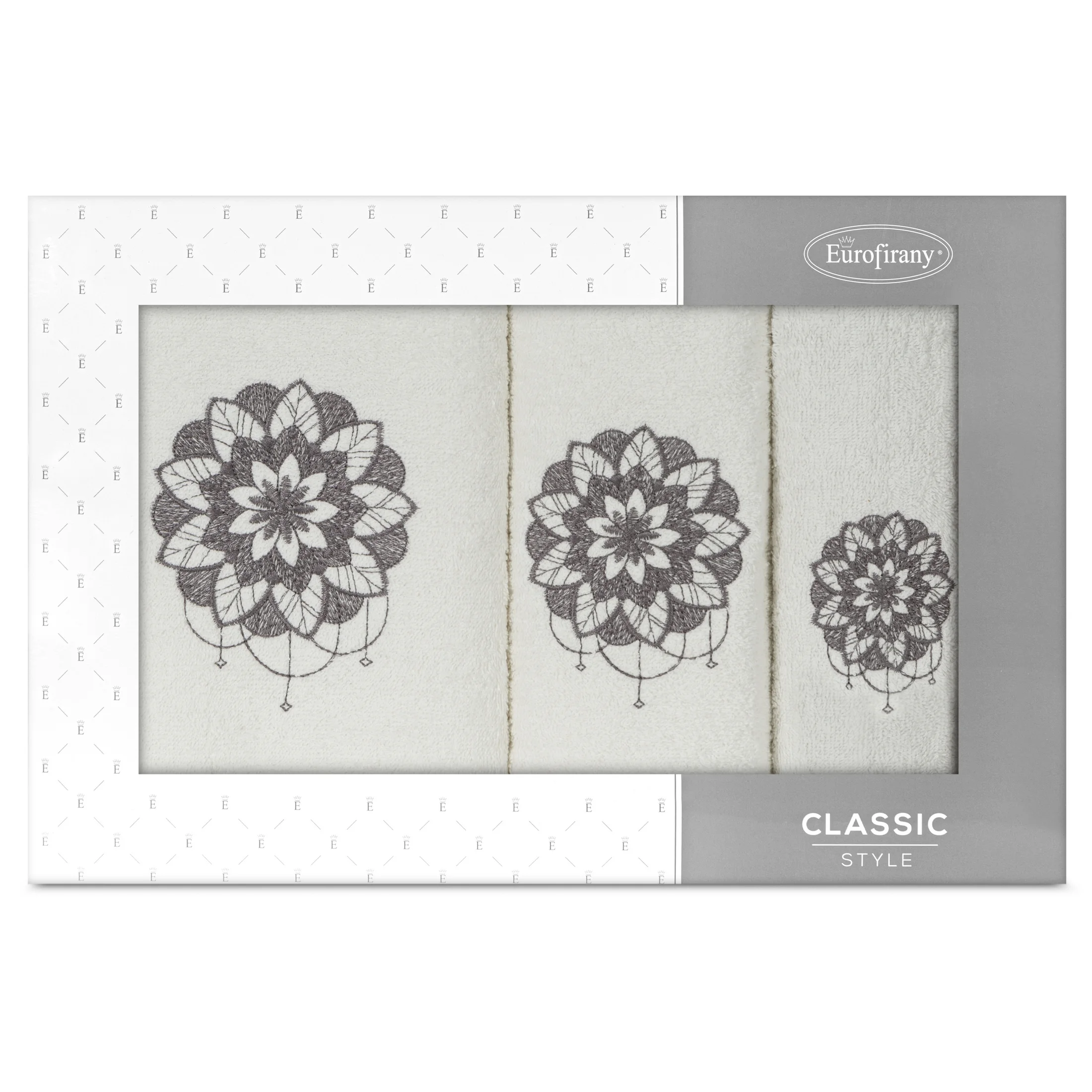 Zestaw ręczników bawełnianych na prezent 3 szt kolor kremowy,grafitowy z haftowanym motywem lotosu 380g/m2 LOTUS Eurofirany