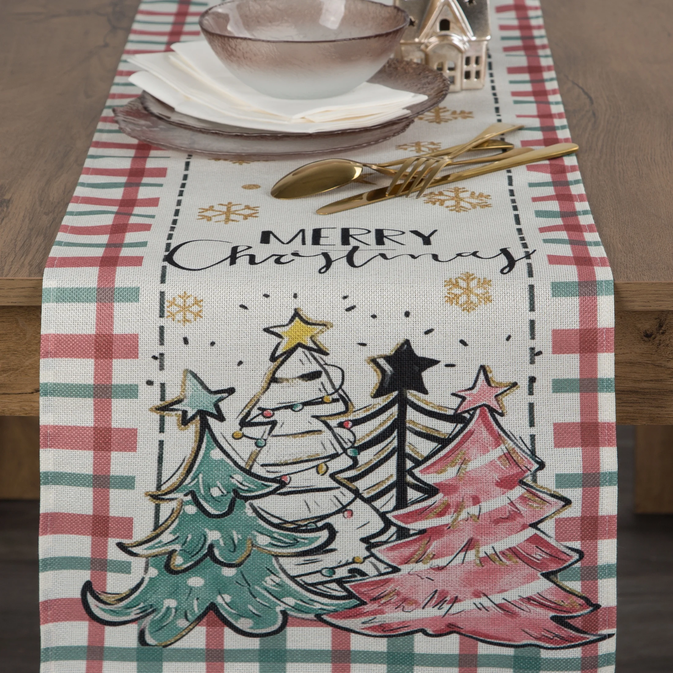 Bieżnik świąteczny na stół 33x183 cm kremowo, zielony zdobiony uroczym nadrukiem Eurofirany