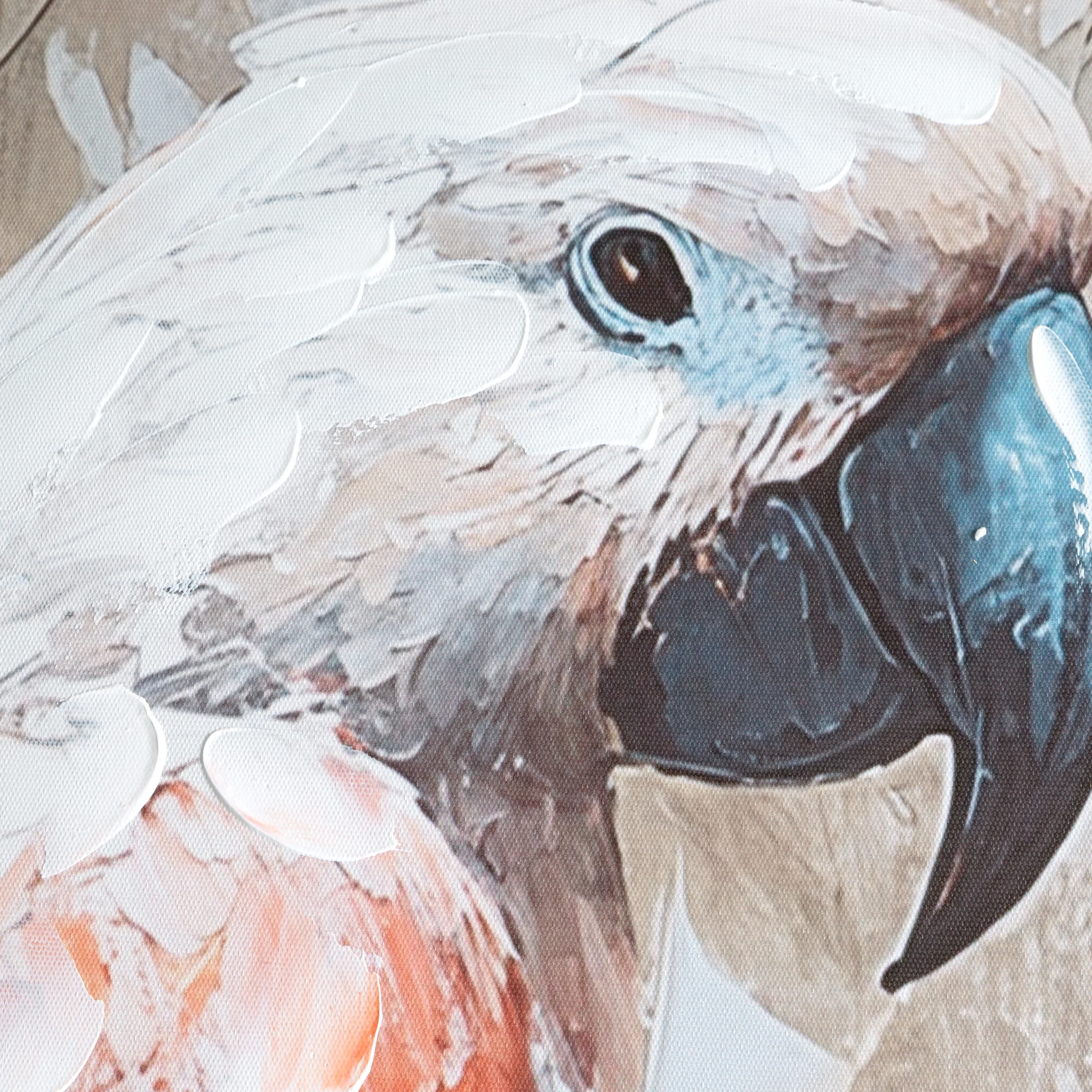 Obraz biało, czerwony ręcznie malowaną na płótnie papugą 50x100 cm Eurofirany