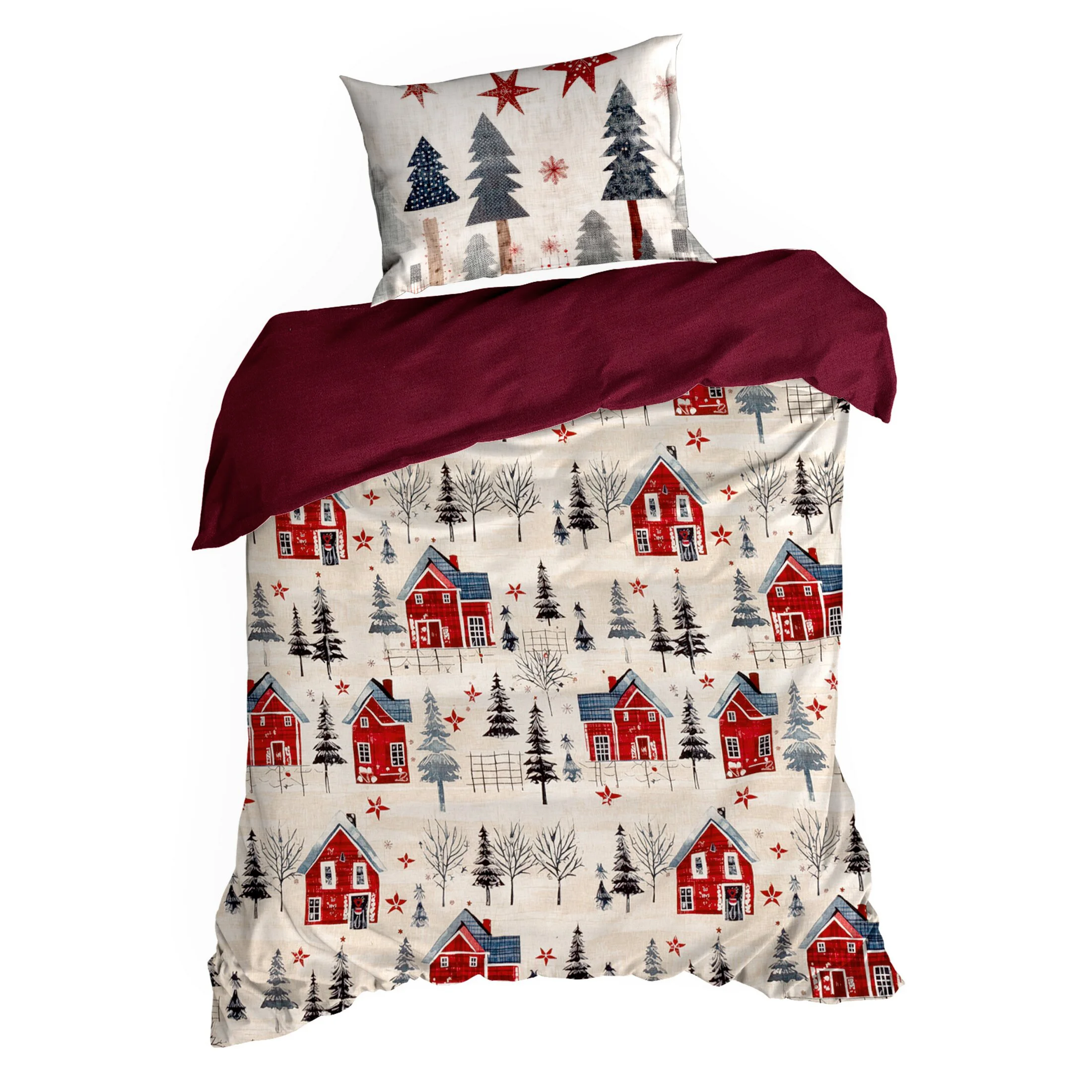 Pościel świąteczna 140x200 cm satyna bawełniana kolor bordowy, ciemnokremowy z nadrukiem zimowego miasteczka ASHER Eurofirany
