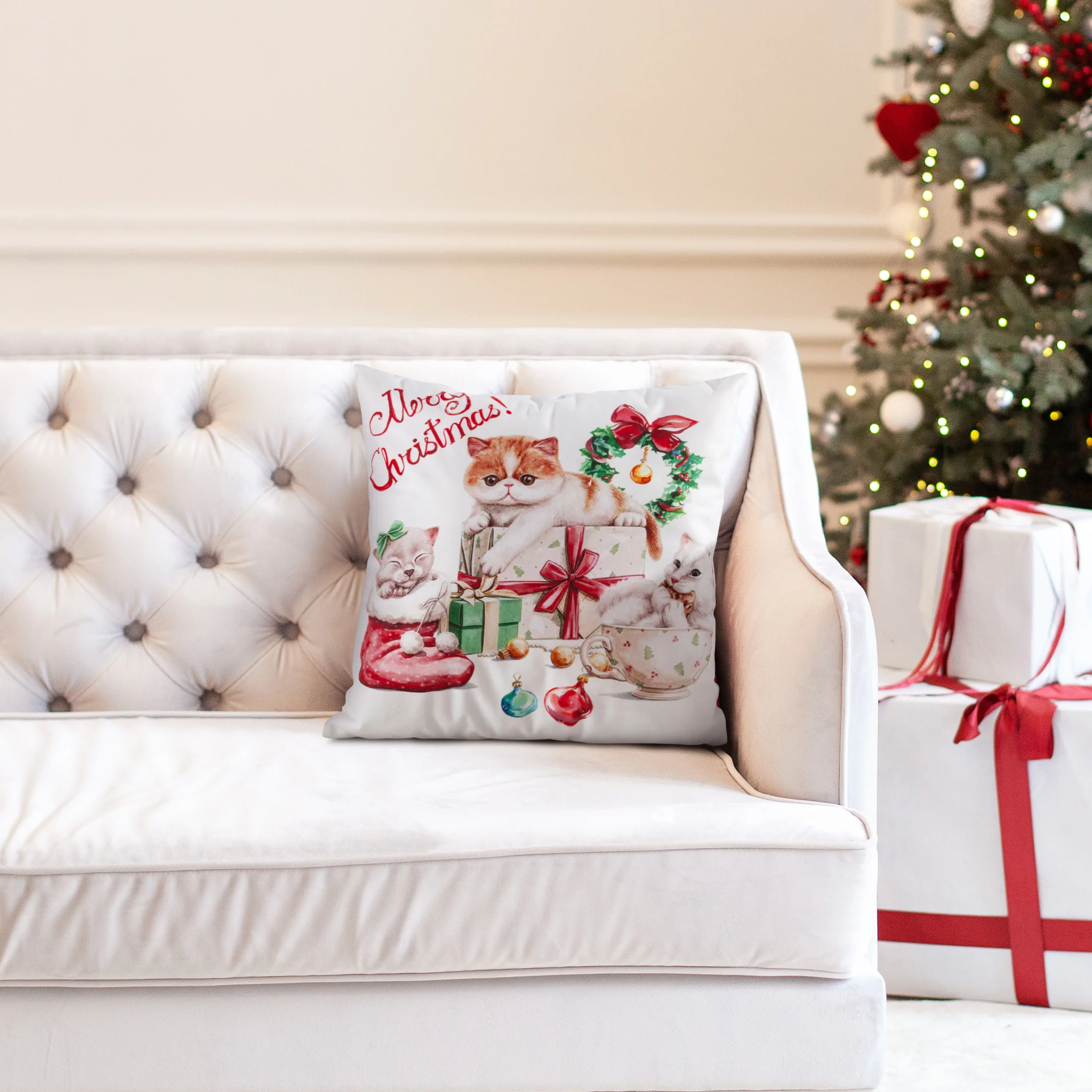 Poszewka na poduszkę świąteczna 45x45 cm biało, czerwona zdobiona nadrukiem uroczego kotka Eurofirany