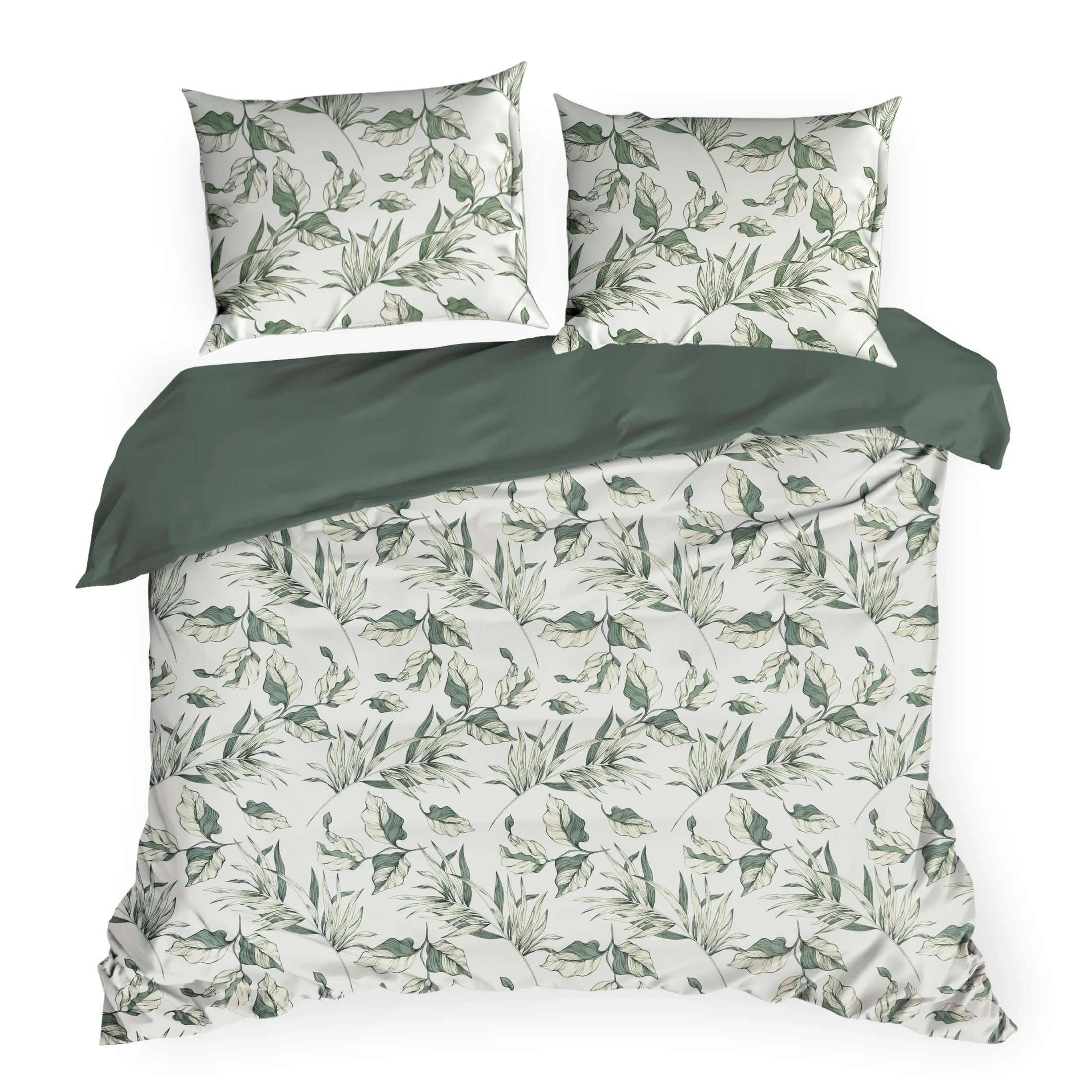 Pościel 220x200 cm komplet 3 częściowy kolor zielono, biały z motywem liści DONNA Design 91 Eurofirany