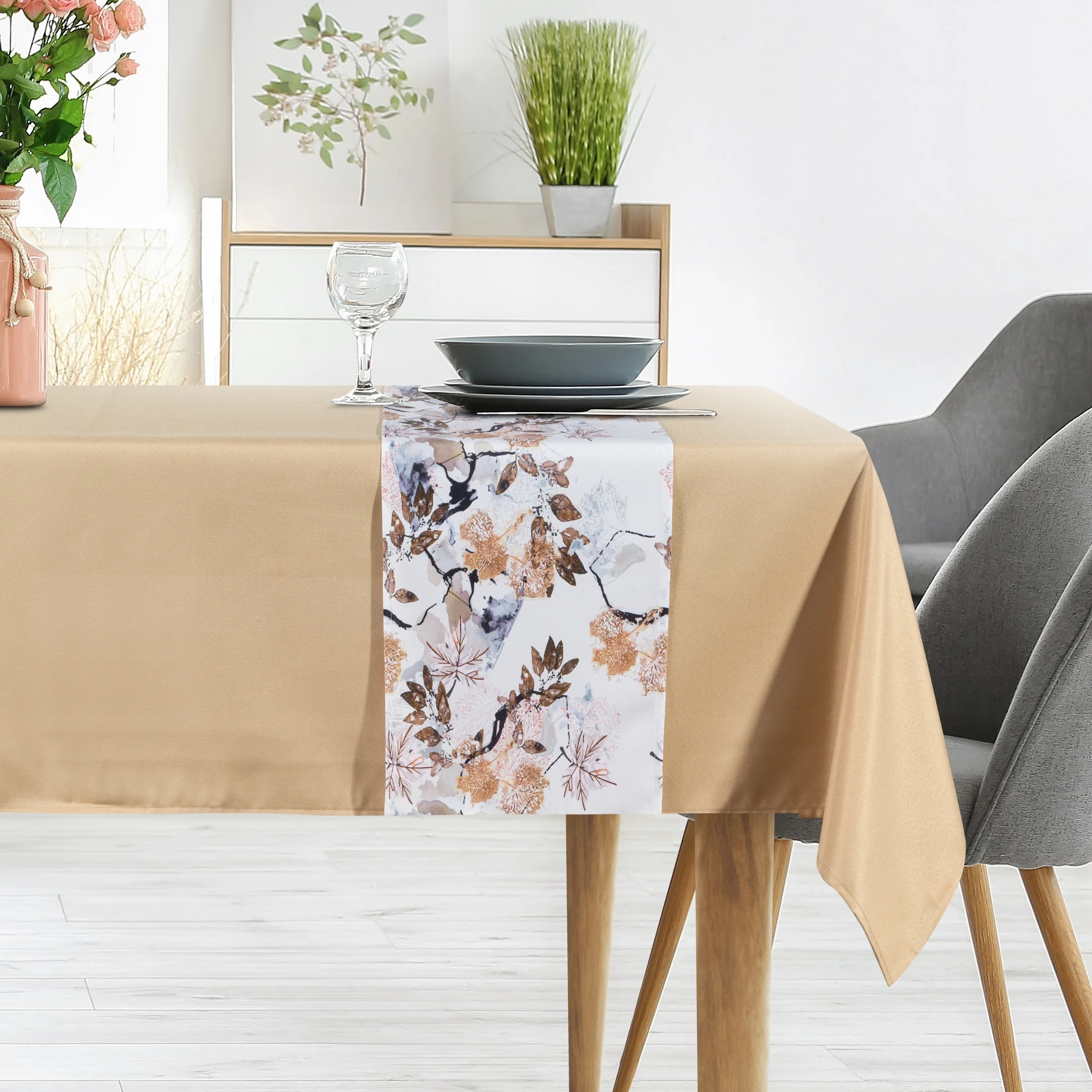 Komplet obrus z bieżnikiem złoto, biały 140x220/33x220 cm ANITA 5 zdobiony subtelnym wzorem liści