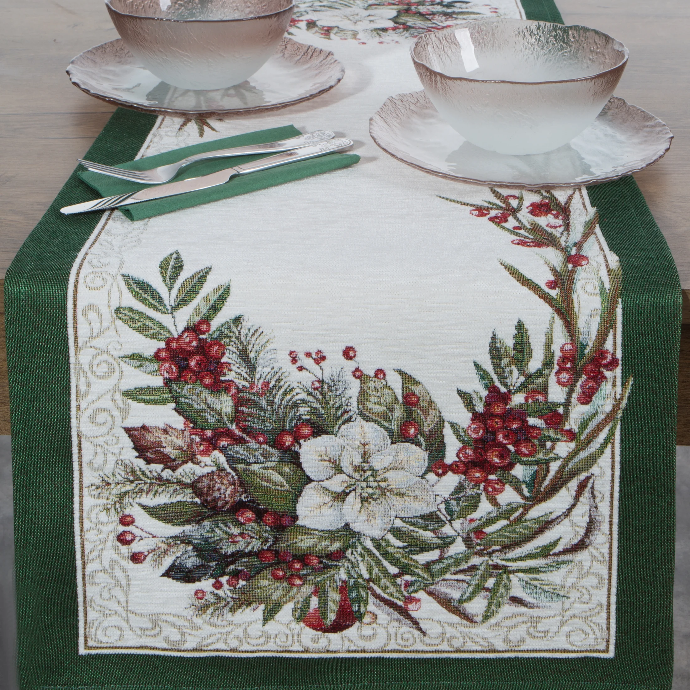 Świąteczny bieżnik kolor naturalno, zielony 45x140 cm szenilowy tkany motywem świątecznym Eurofirany