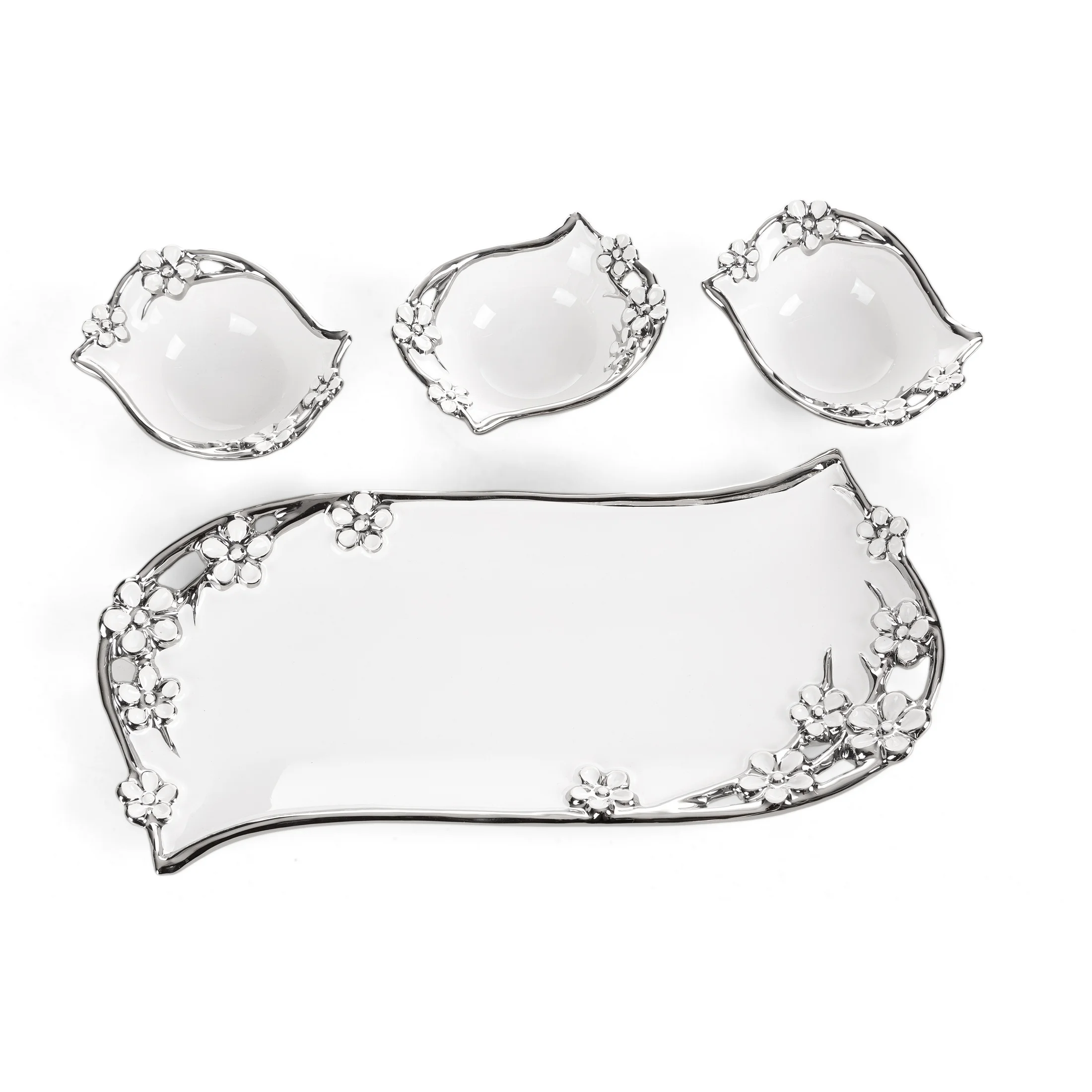 Komplet patera + 3 miseczki biało, srebrna w kwiatuszki 39x18x7 cm KARIN Eurofirany