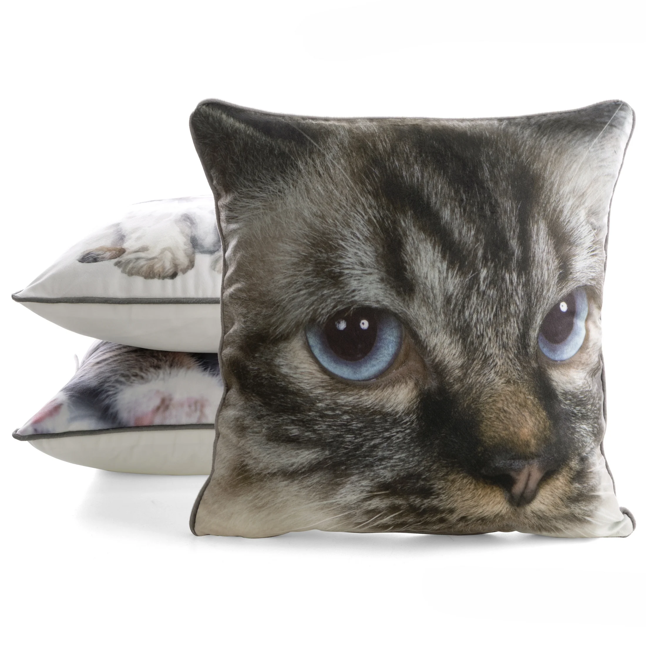 Poszewka na poduszkę 45x45 cm welwetowa beżowo, biała z motywem kota ANIMAL 80 Eurofirany