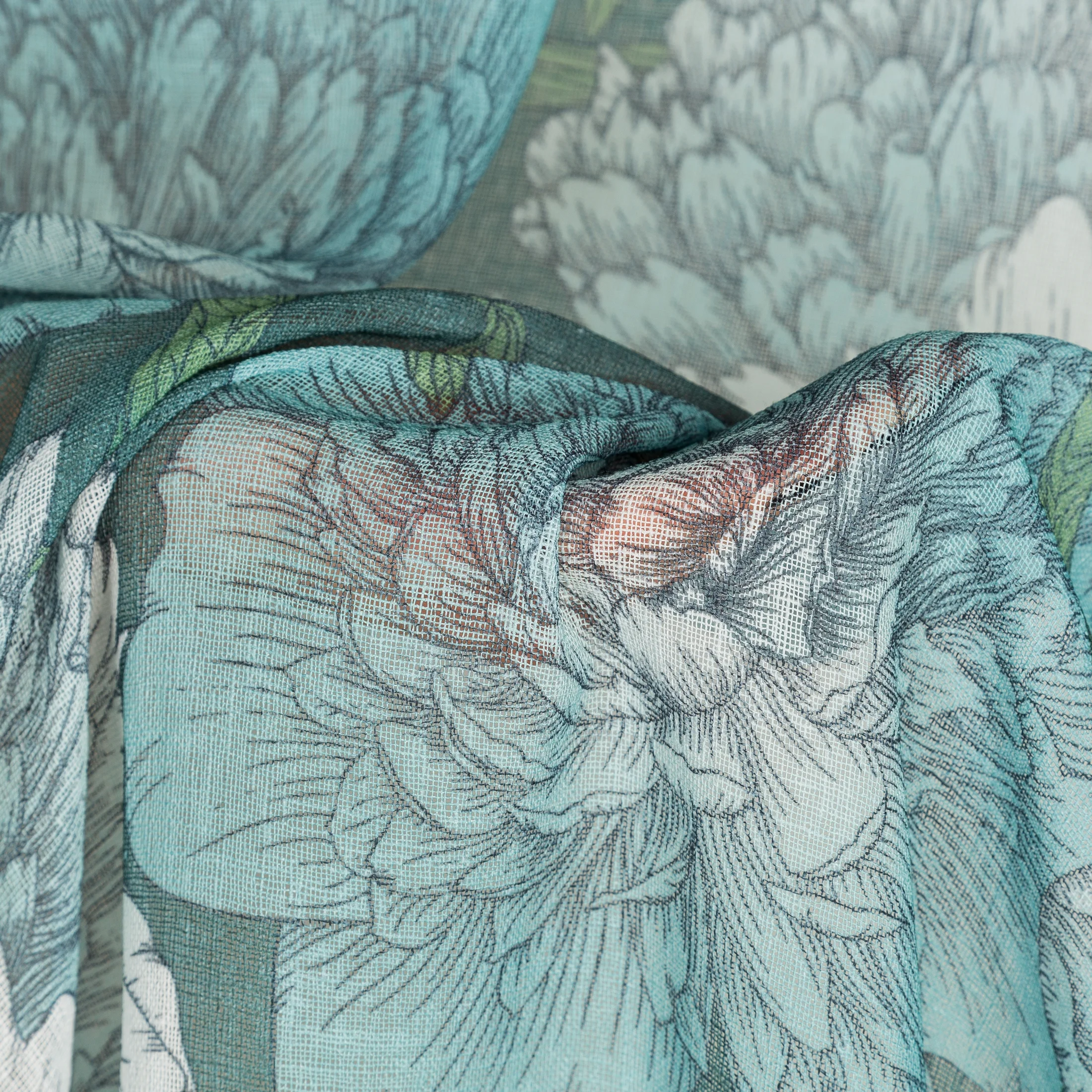 Zasłona oliwkowo, turkusowa w kwiaty peonii 140x250 cm przelotka ASTER Eurofirany