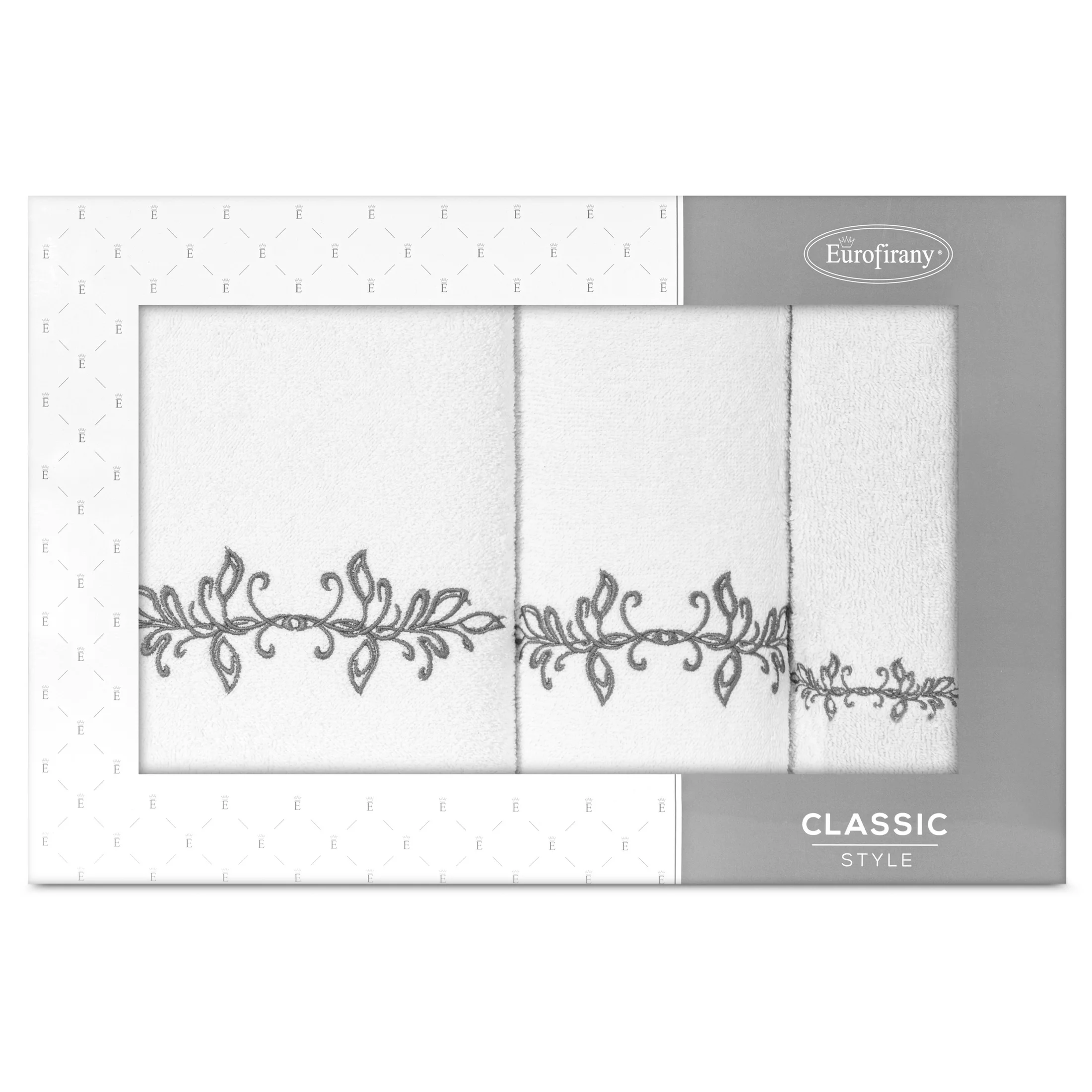 Zestaw ręczników bawełnianych na prezent 3 szt kolor biały,grafitowy z haftem z motywem ornamentu roślinnego 380g/m2 KAMELIA Eurofirany