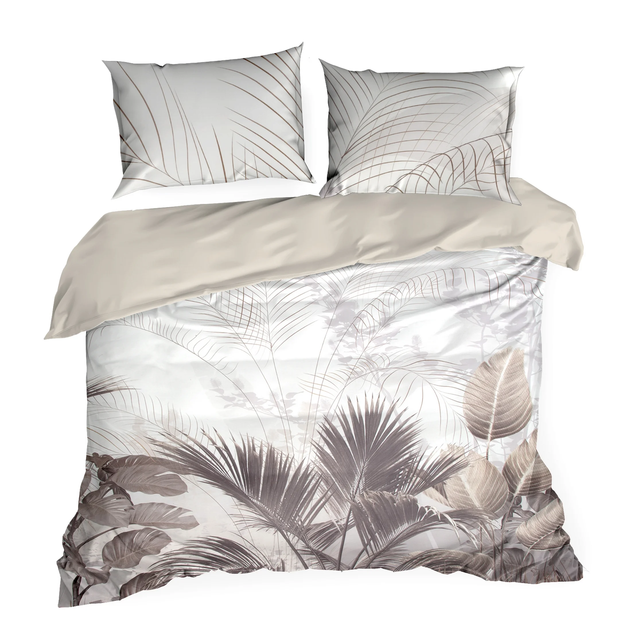 Pościel 160x200 cm satyna bawełniana kolor kremowy, ciemnobeżowy z motywem botanicznym Eurofirany Premium