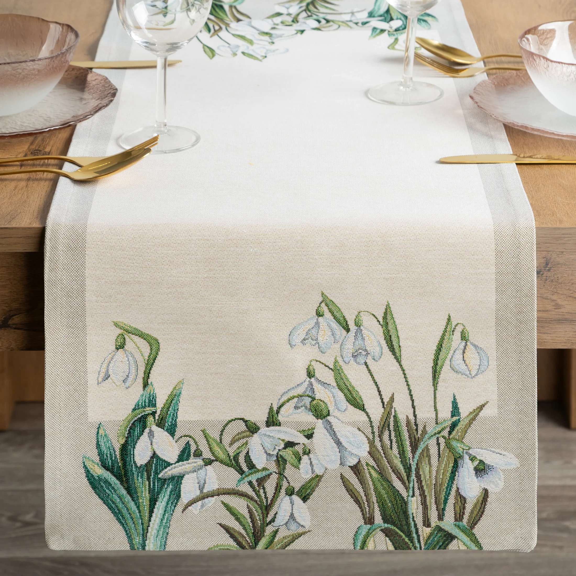Bieżnik na stół naturalno, biały 40x100 cm gobelinowy z motywem przebiśniegów Eurofirany