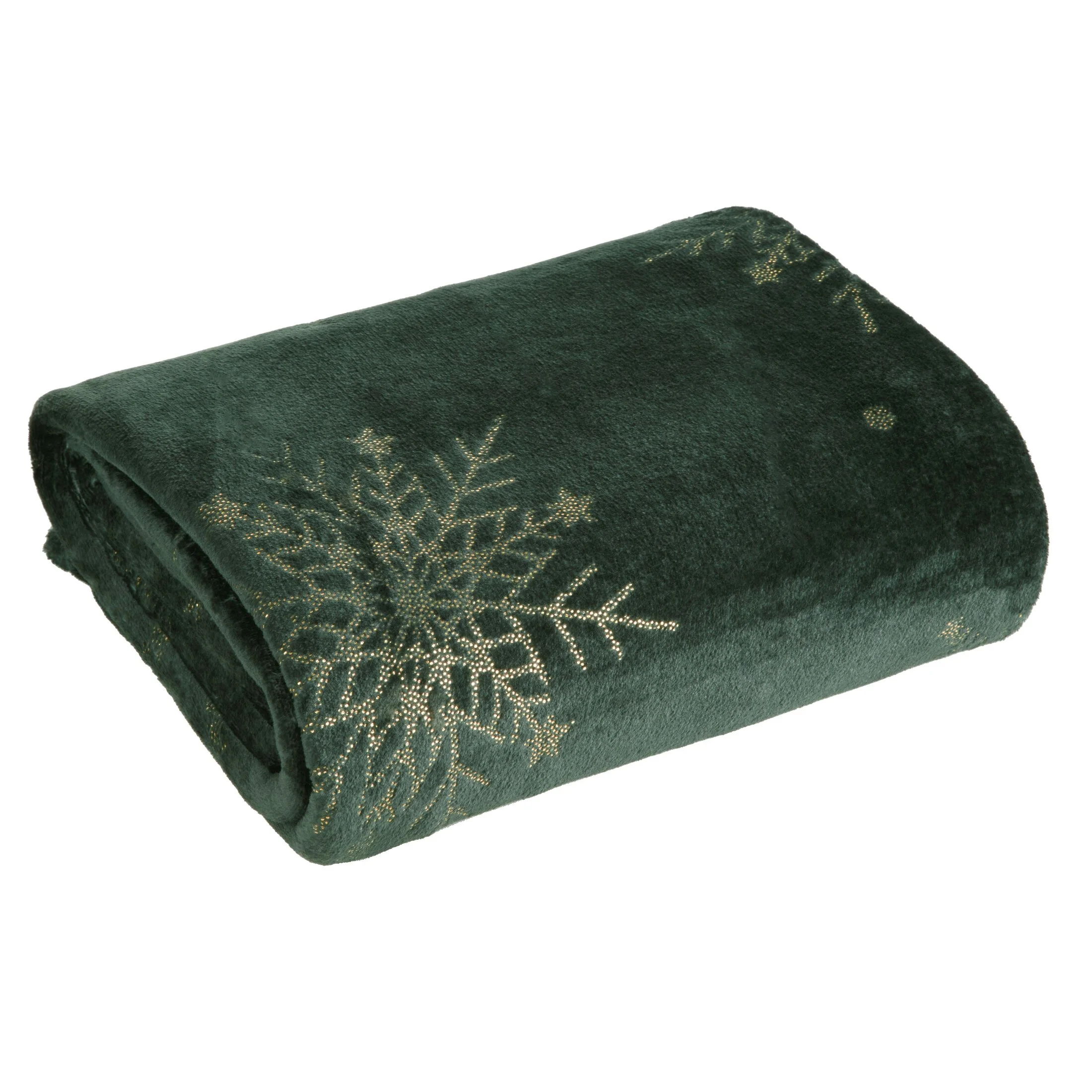 Koc świąteczny 150x200 cm ciemnozielony, złoty zdobiony nadrukiem śnieżynek Eurofirany