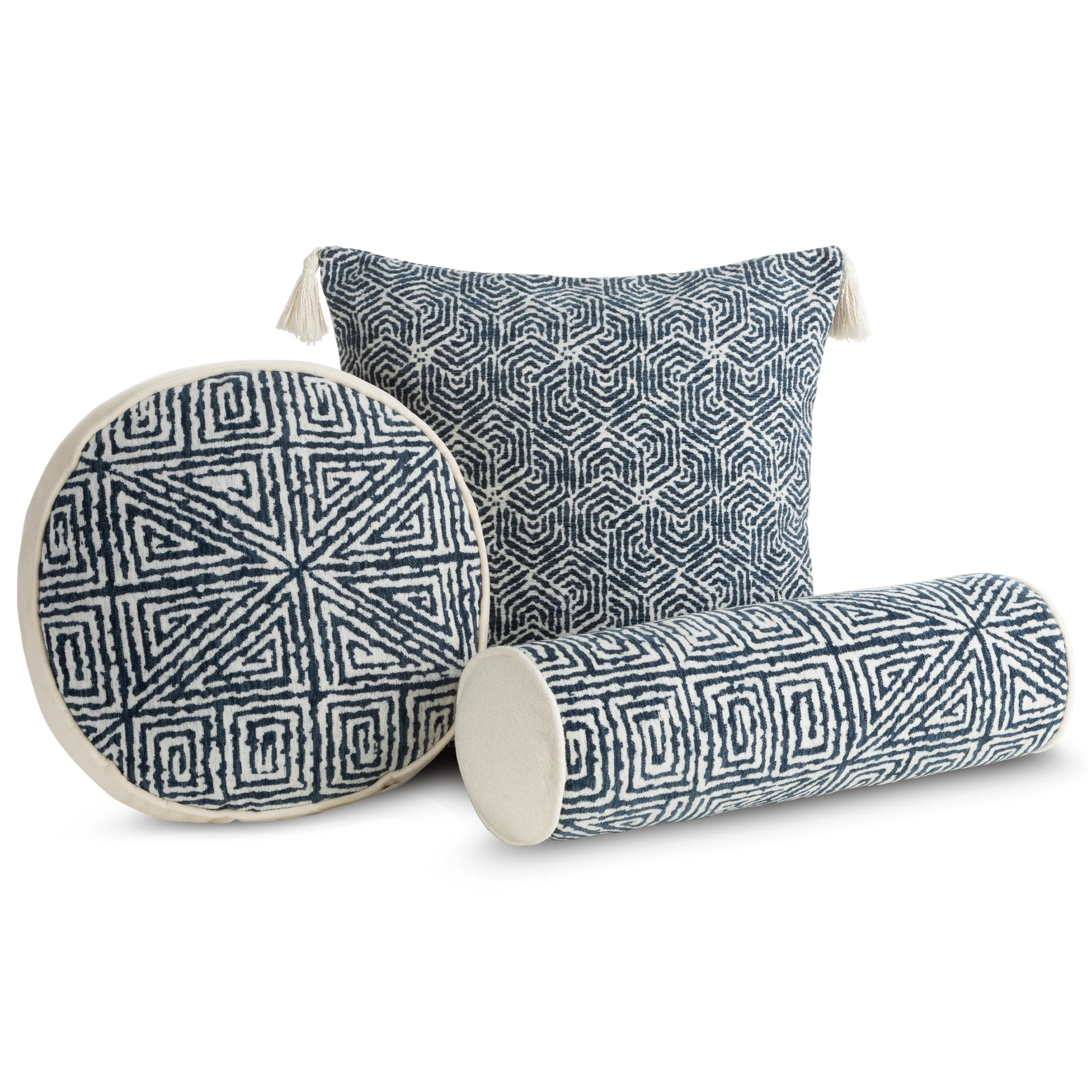 Poszewka na poduszkę 45x45 cm w stylu boho zdobiona chwostami na rogach poszewki granatowo, kremowa FABIA Eurofirany