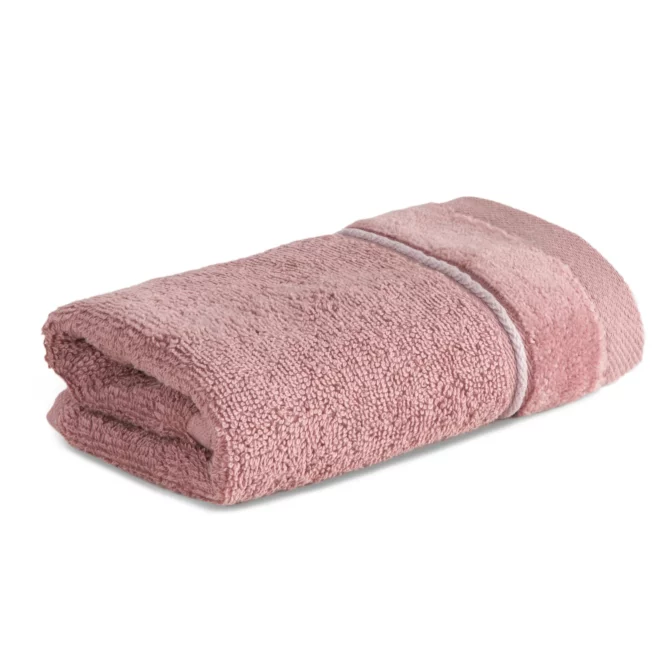 Ręcznik do rąk 30x50 cm bawełniany kolor pudrowy z welwetową bordiurą i kontrastującymi paseczkami 500 g/m2 SIBEL Eurofirany