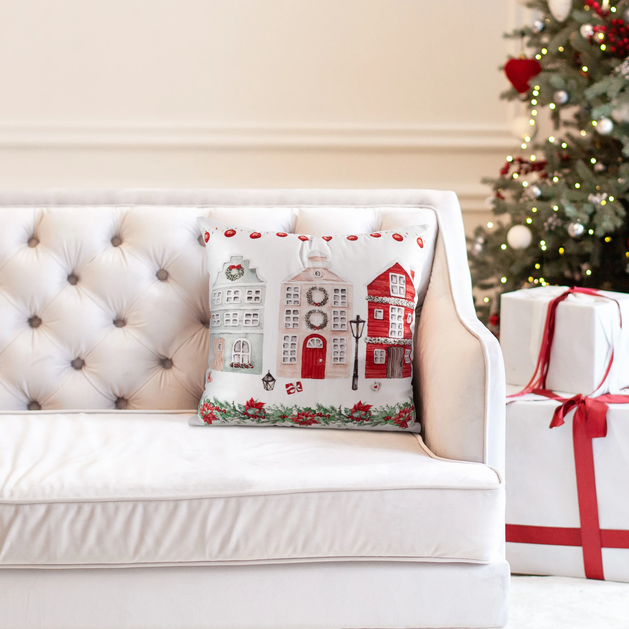 Poszewka na poduszkę welwetowa 45x45 cm zdobiona uroczym nadrukiem domków świątecznych Eurofirany