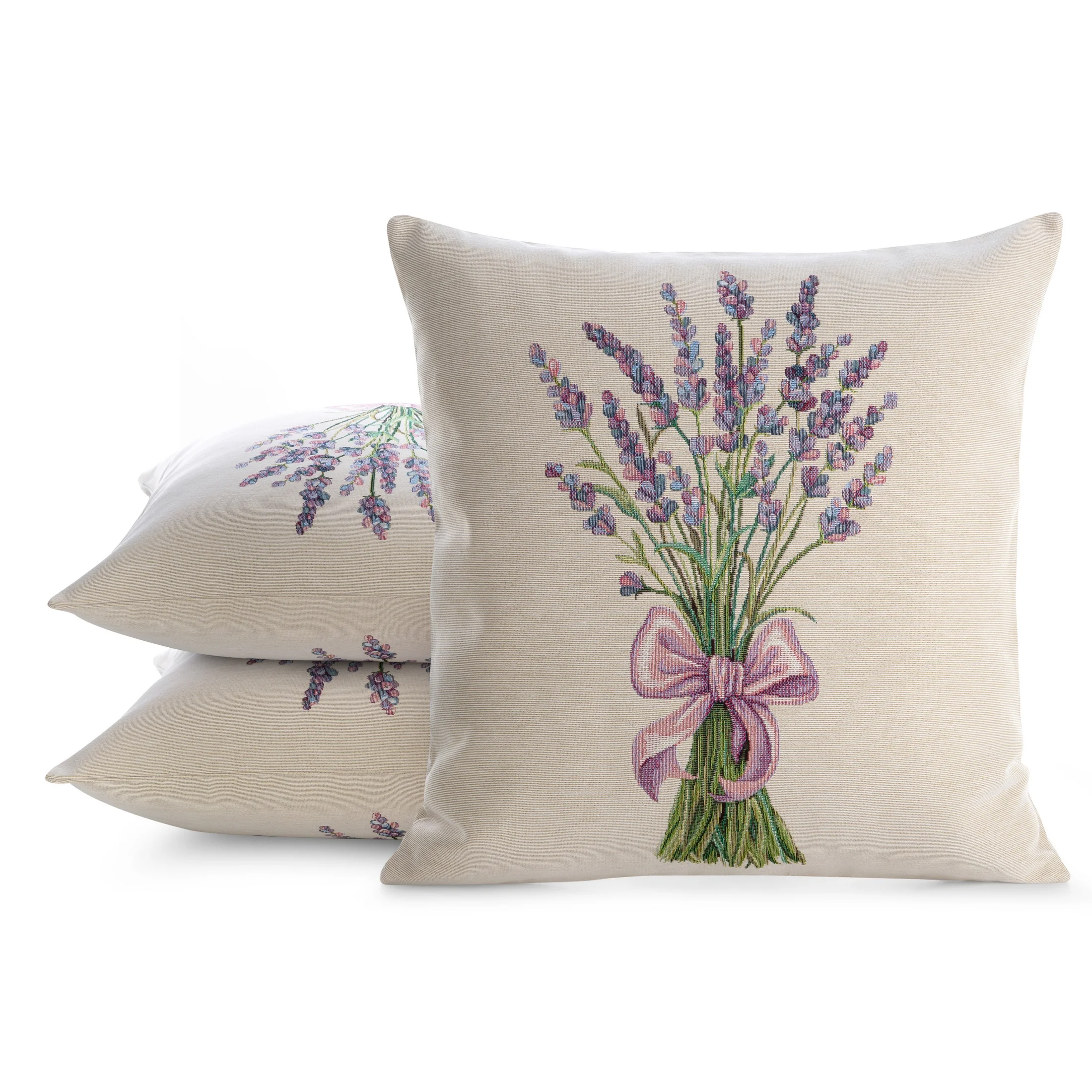 Poszewka na poduszkę 45x45 cm bawełniana, gobelinowa naturalno, zielona z nadrukiem lawendy GOBELIN Eurofirany