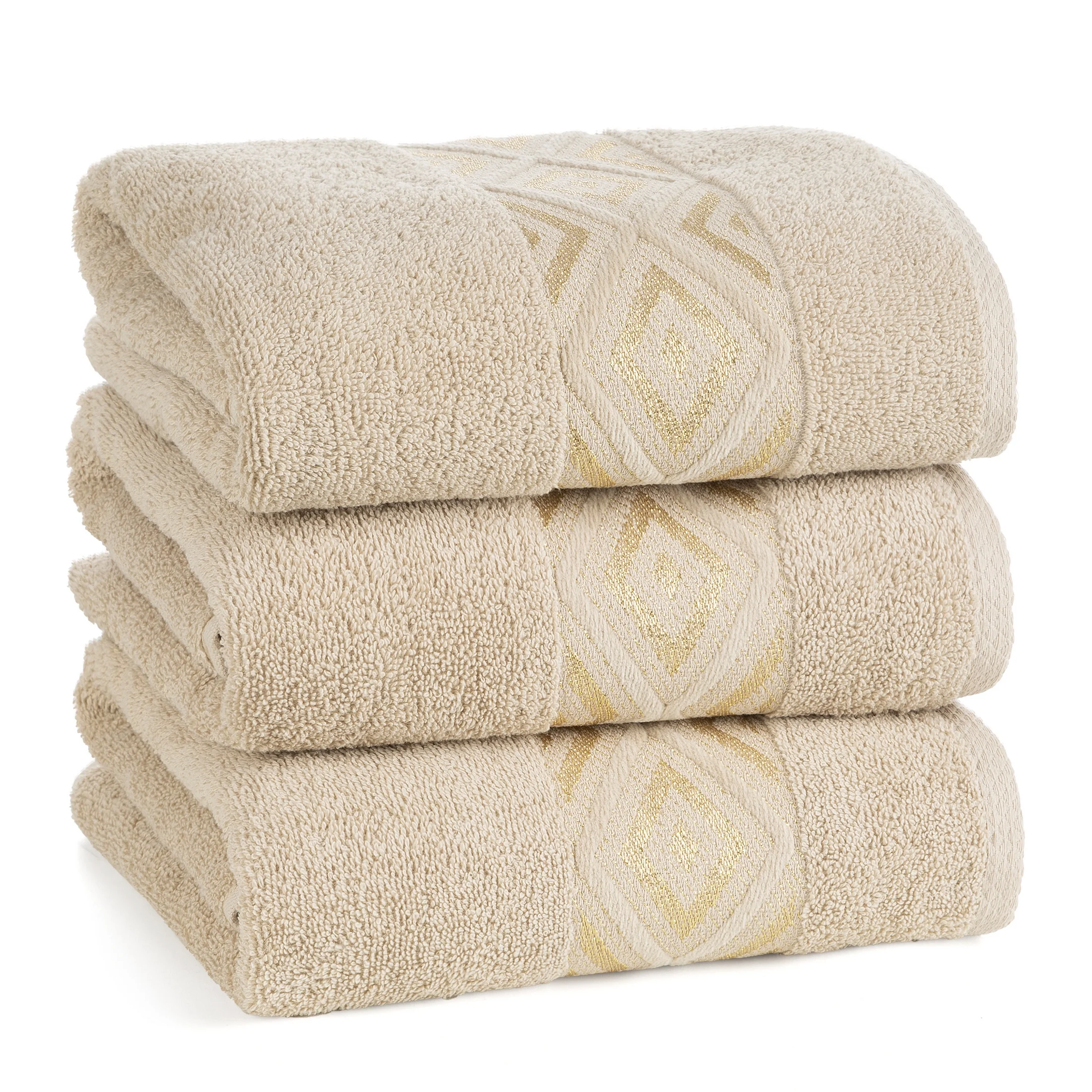 Ręcznik kąpielowy 70x140 cm bawełniany kolor beżowy z ozdobną geometryczną bordiurą AZARI Eurofirany