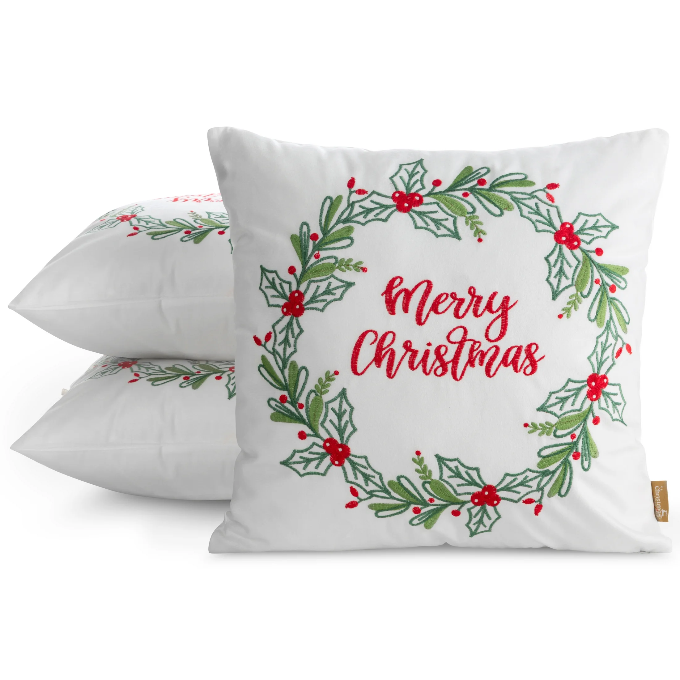 Poszewka na poduszkę świąteczna 45x45 cm welwetowa biało, zielona zdobiona haftem Eurofirany