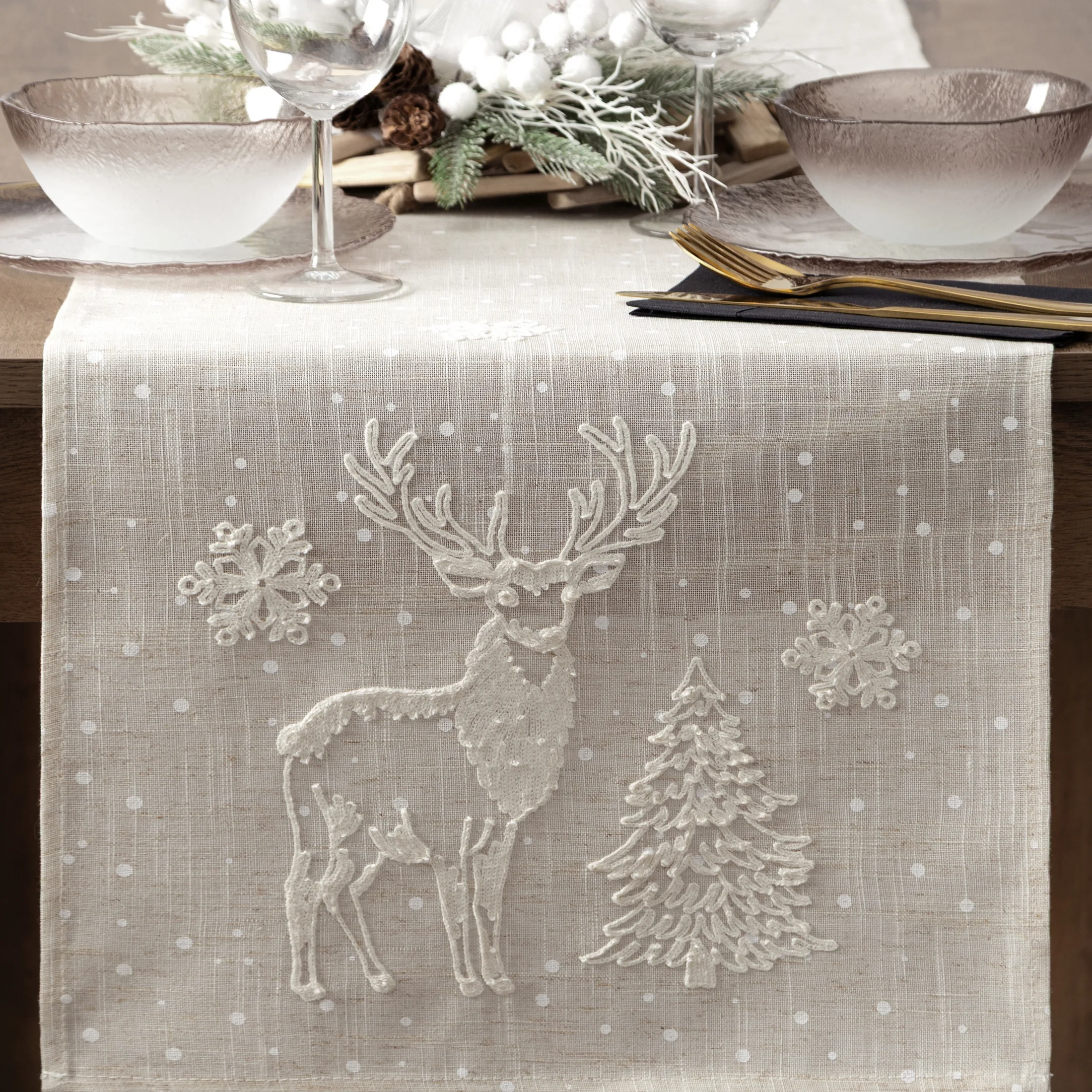 Bieżnik świąteczny na stół 40x140 cm beżowy o strukturze lnu zdobiony delikatnym nadrukiem Eurofirany