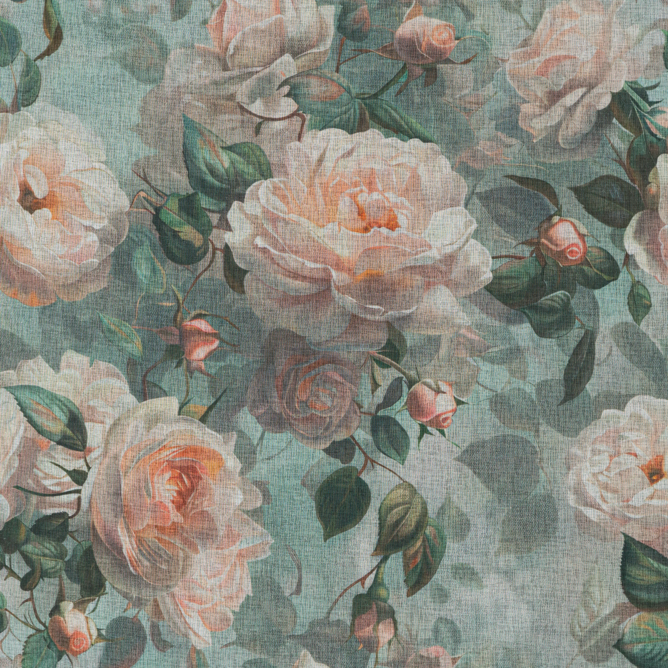 Zasłona miętowa w różowe róże z efektem akwareli z etaminy 140x250 cm przelotka INKA Eurofirany