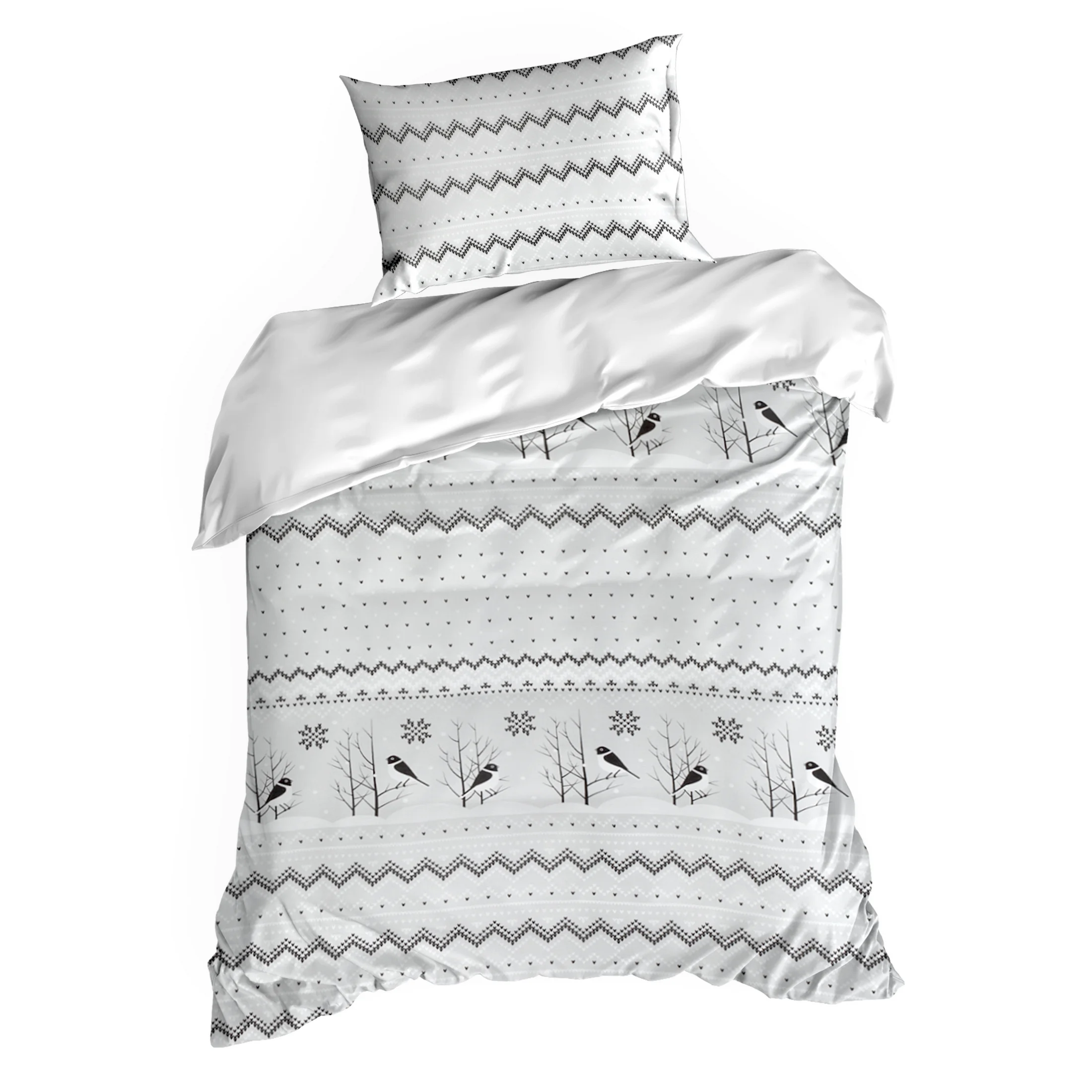 Pościel świąteczna 140x200 cm z satyny bawełnianej, kolor biały, stalowy zdobiona subtelnym nadrukiem TASHA Eurofirany