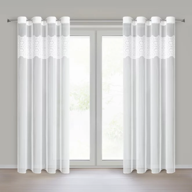 Firana biała z siateczki zdobiona haftowaną aplikacją 140x250 cm przelotka - AFRODYTA Eurofirany