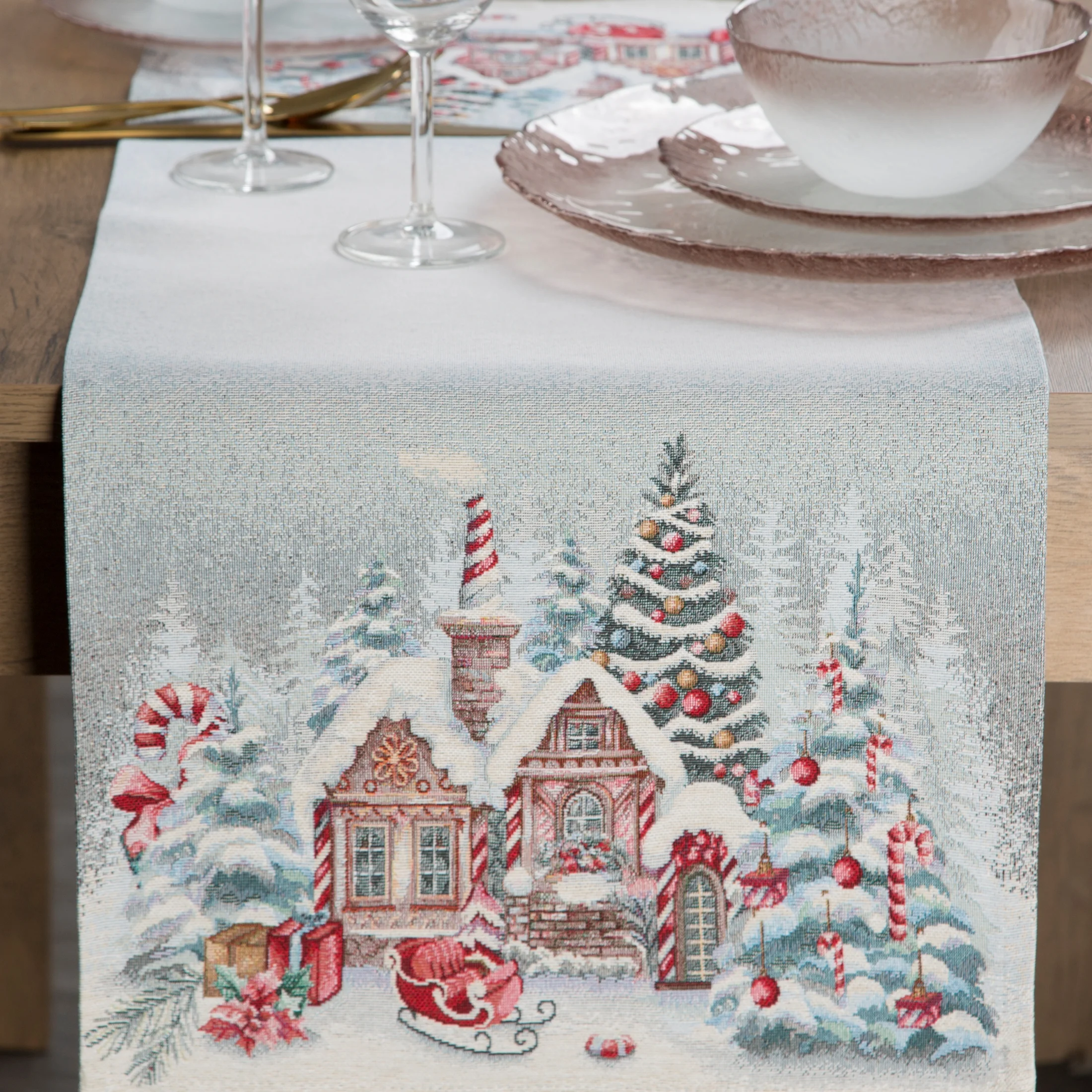 Świąteczny bieżnik popielato, czerwony 45x140 cm gobelinowy zdobiony tkanym wzorem chatki świętego Mikołaja Eurofirany