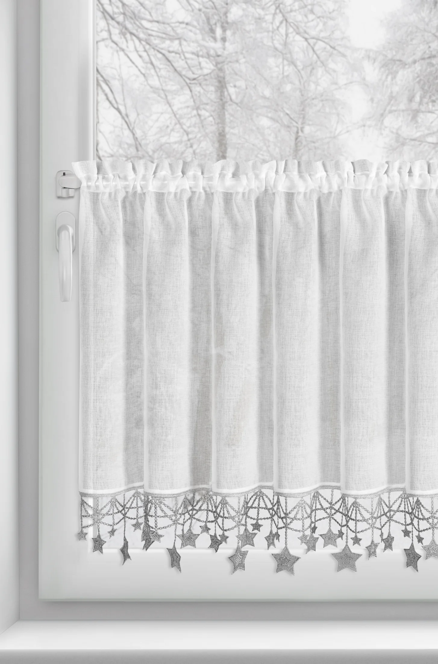 Zazdrostka świąteczna biało, srebrna z etaminy zdobiona luźno zwisającymi gwiazdkami 150x60 cm tunel - XMAS Eurofirany