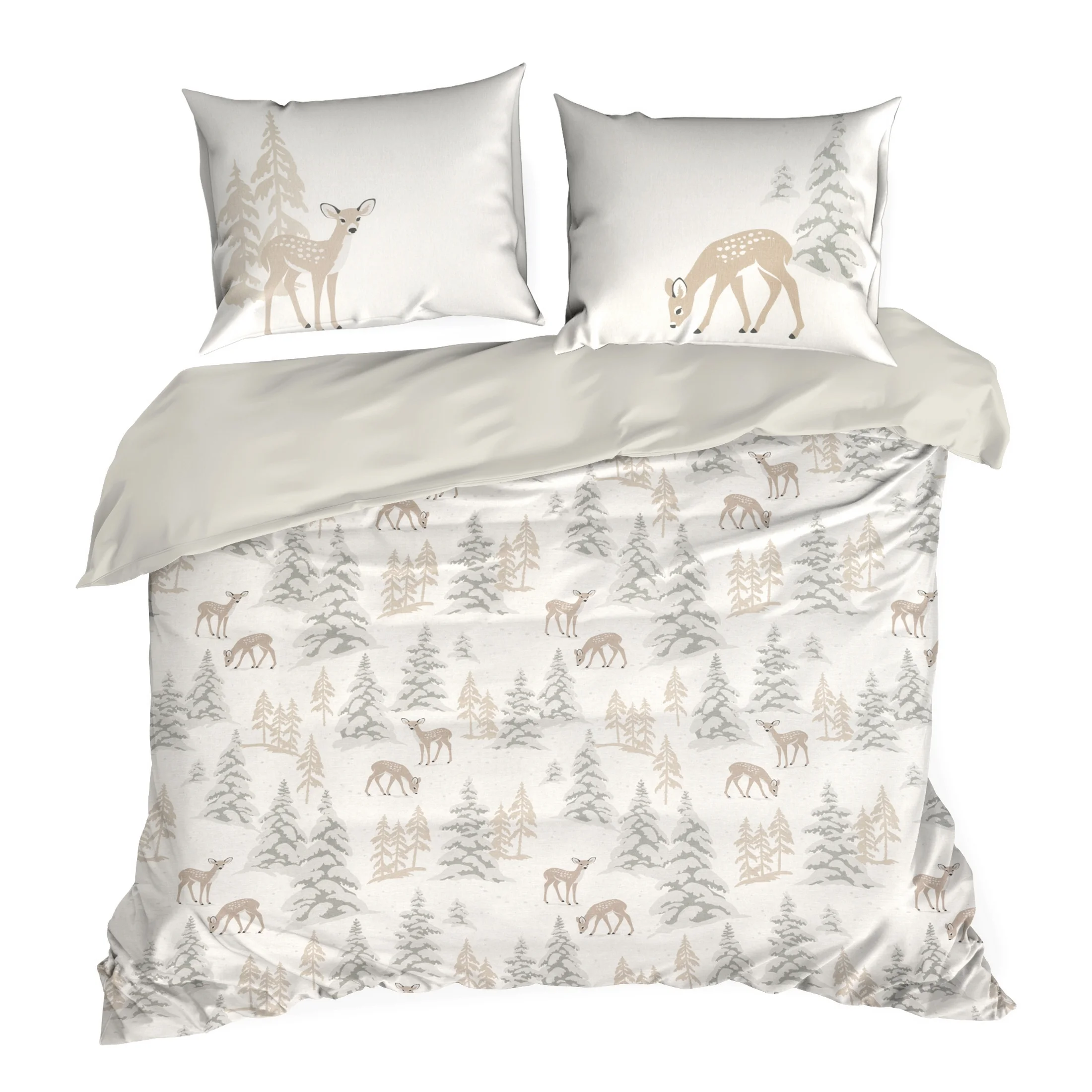 Pościel świąteczna 220x200 cm bawełna ranforce kolor biały, beżowy z nadrukiem sarenek FAWN Eurofirany