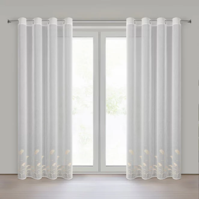 Firana biało, beżowa z etaminy zdobiona haftem w źdźbła ozdobnej trawy 140x250 cm przelotka - TASHA Eurofirany