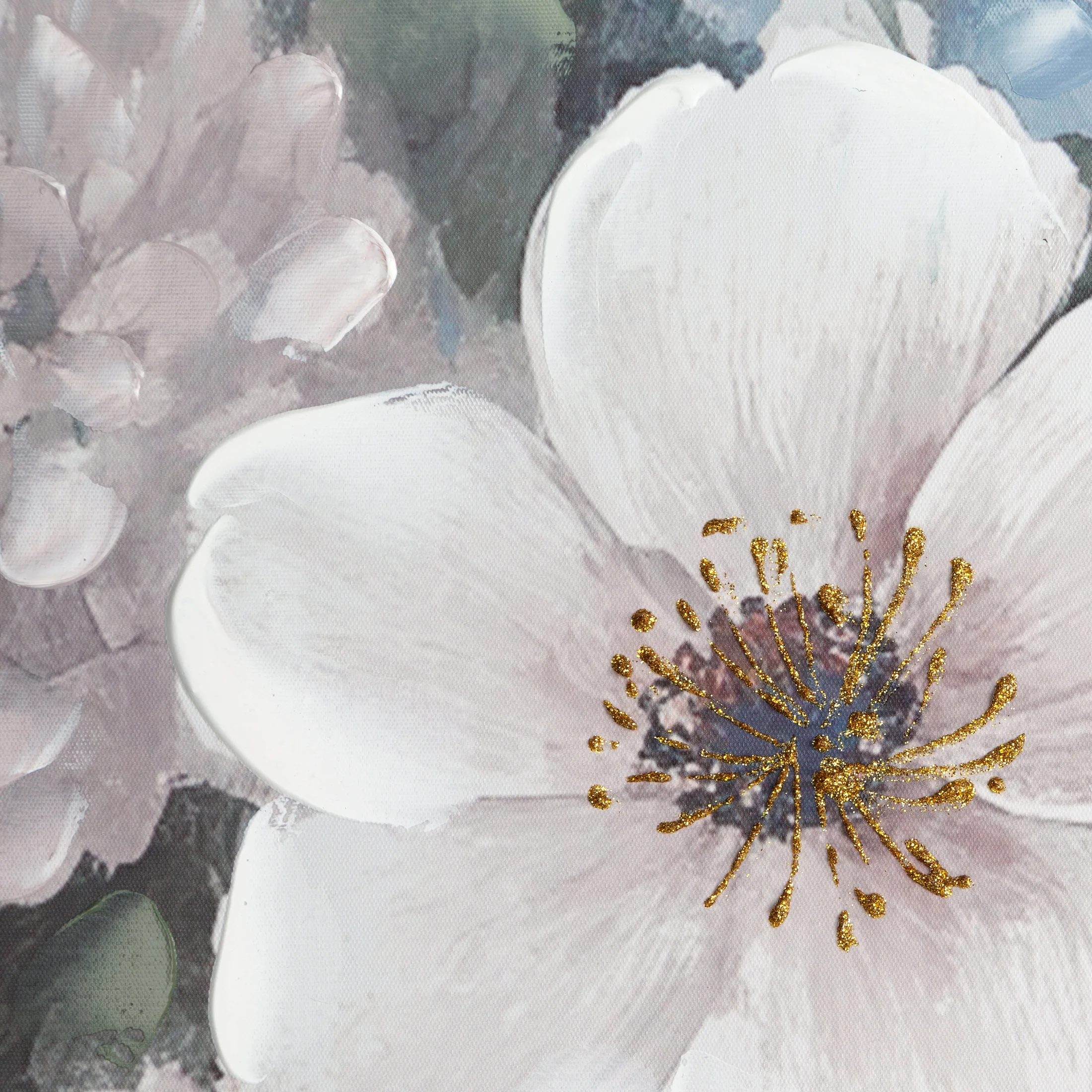 Obraz kremowo, zielony ręcznie malowane kwiaty na płótnie z błyszczącymi akcentami 80x80 cm Eurofirany