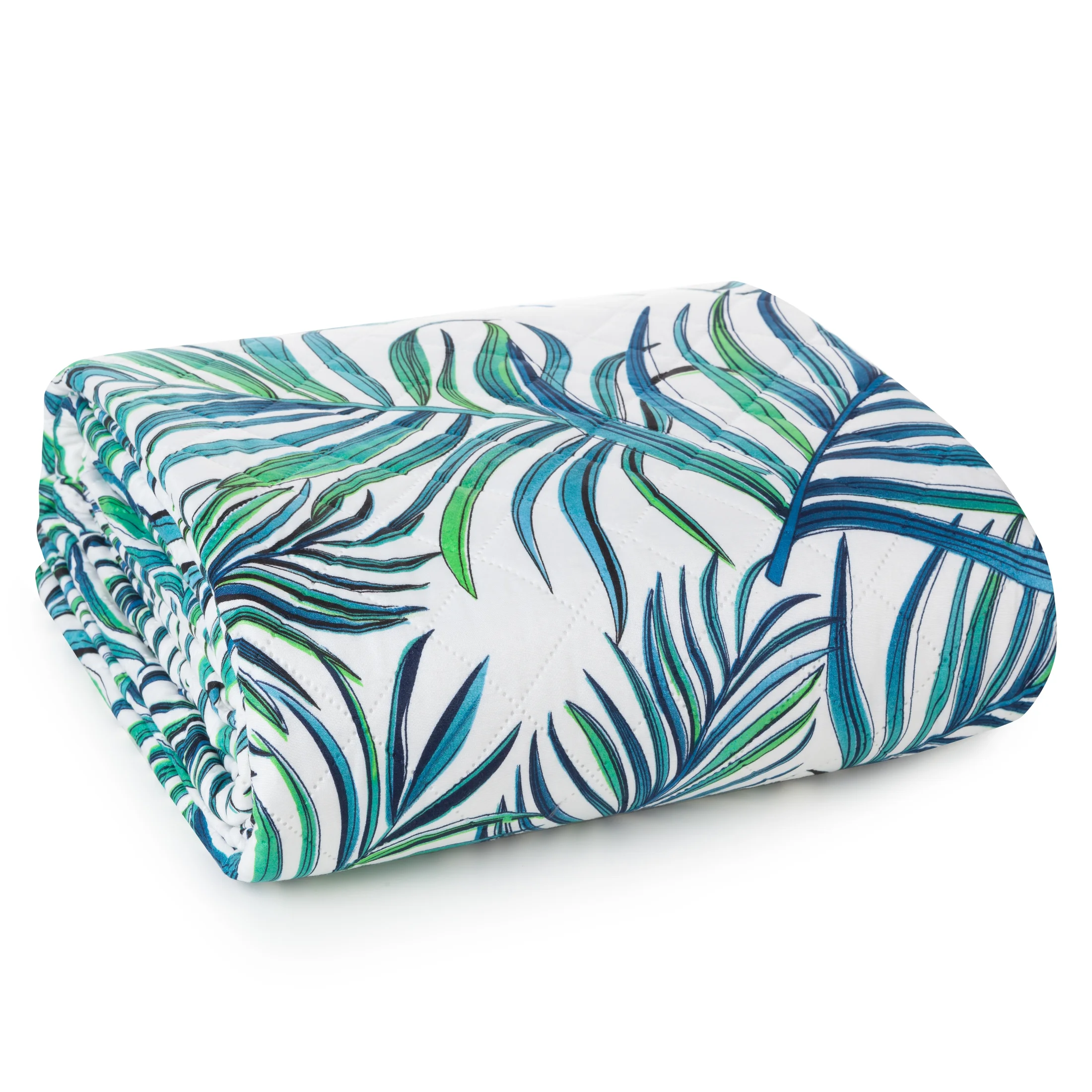 Narzuta biało, niebieska 200x220 cm z nadrukiem palmowych liści pikowana techniką hot press PALMS 2 DESIGN 91 Eurofirany