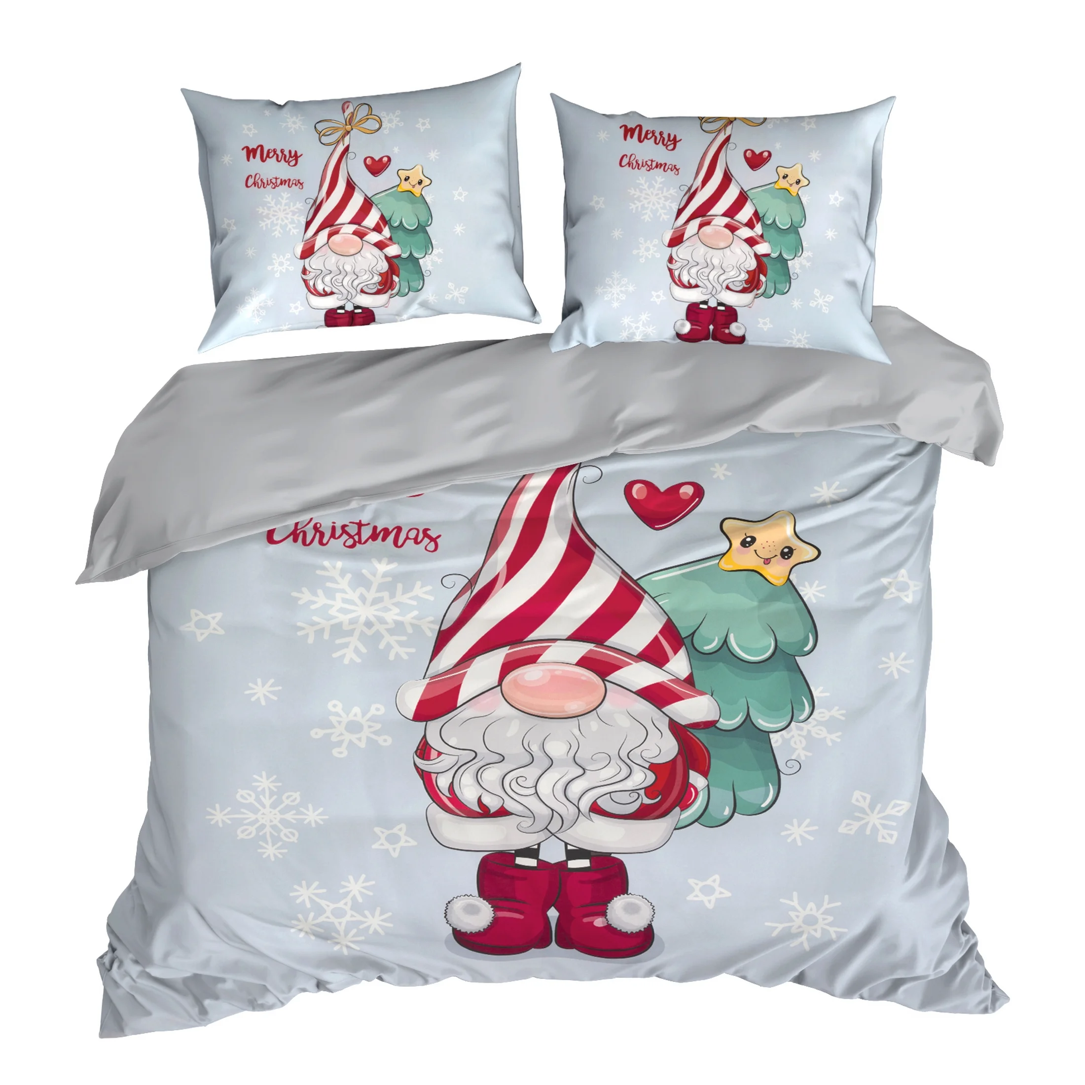 Pościel świąteczna 160x200 cm kolor jasnoszary, czerwony z nadrukiem uroczego skrzata BEINER Eurofirany