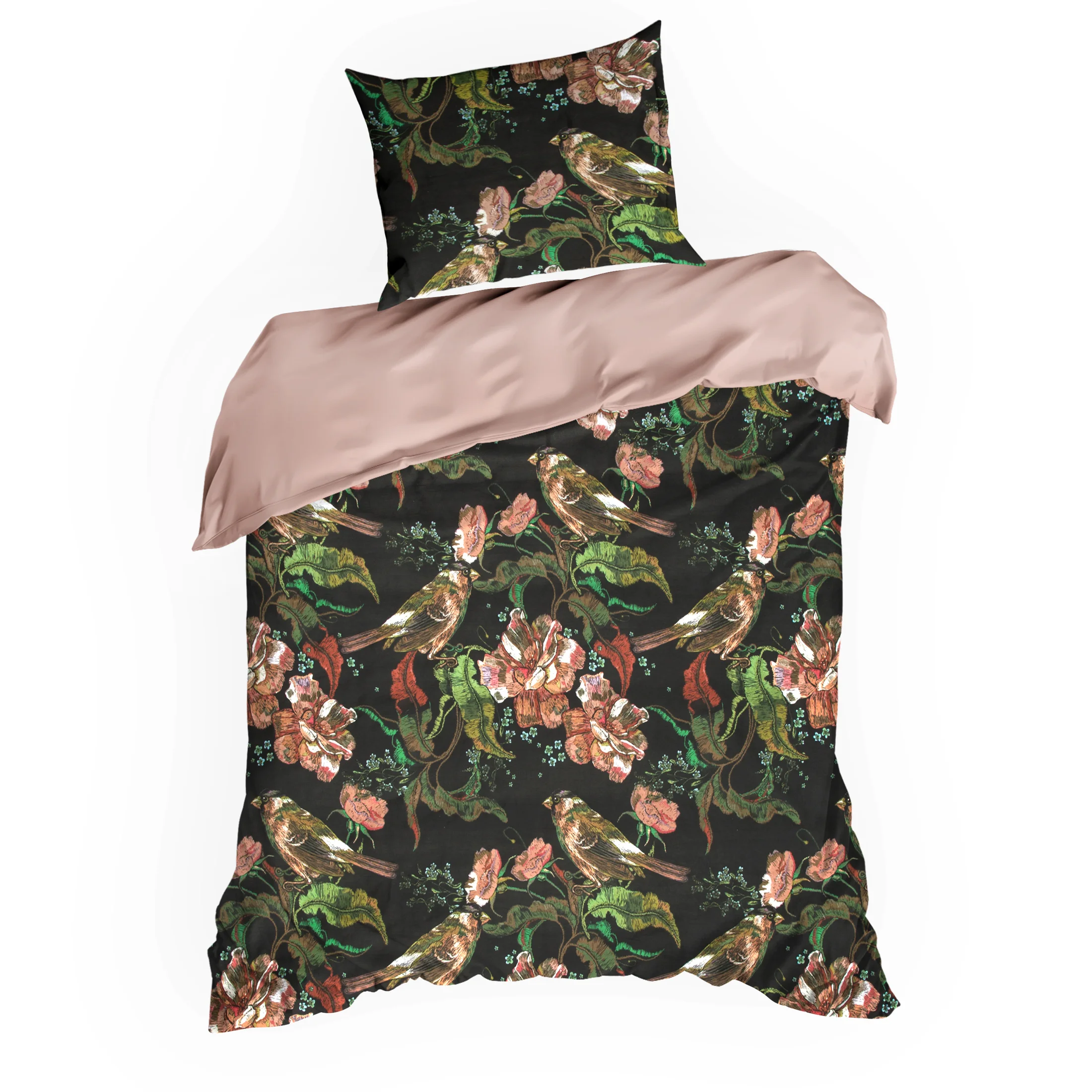 Pościel 140x200 cm bawełniana kolor czarny, pudrowy róż z botanicznym wzorem SPRING 21 Eurofirany