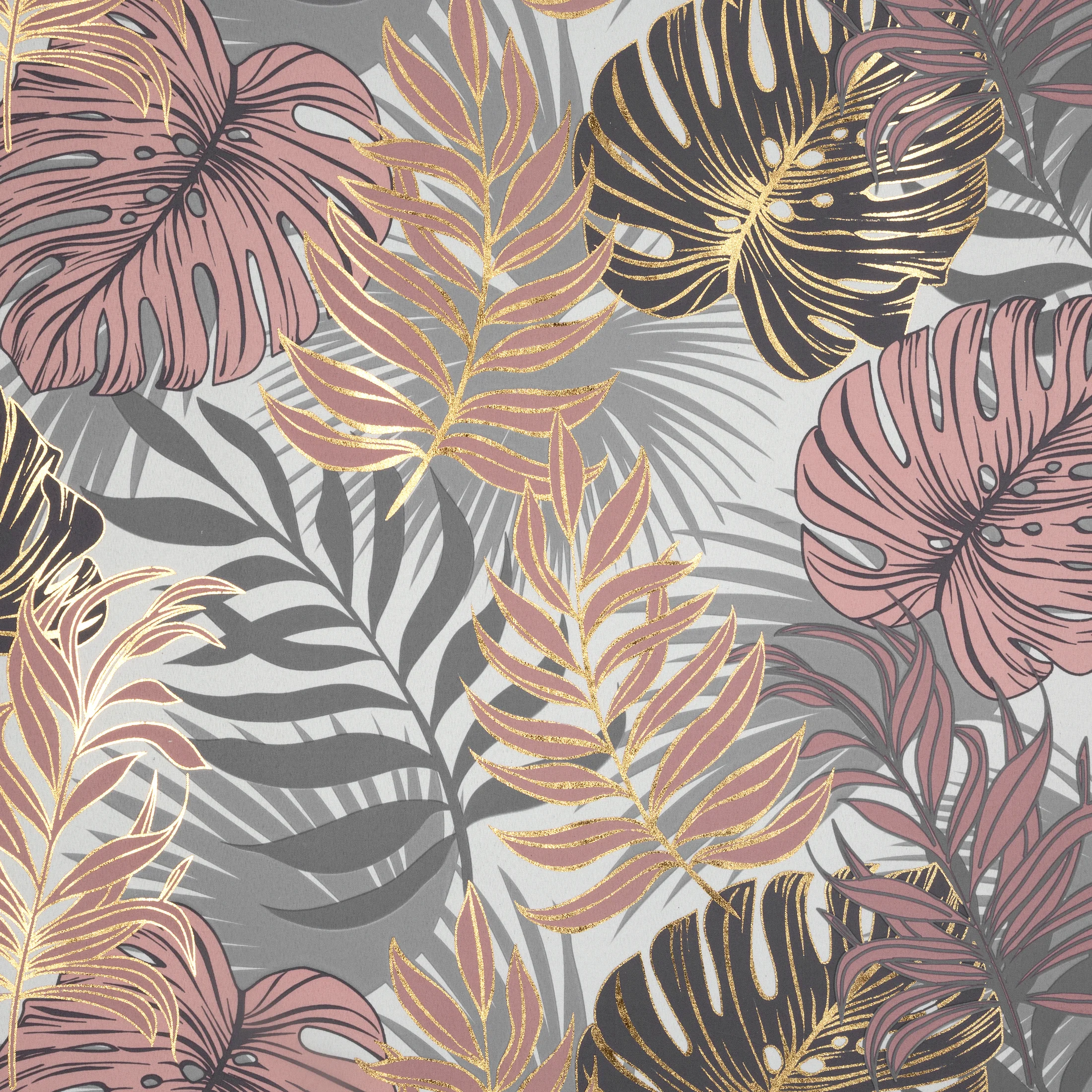 Zasłona pudrowo różowa z błyszczącym motywem liści monstery 140x250 cm przelotka KORFU Eurofirany