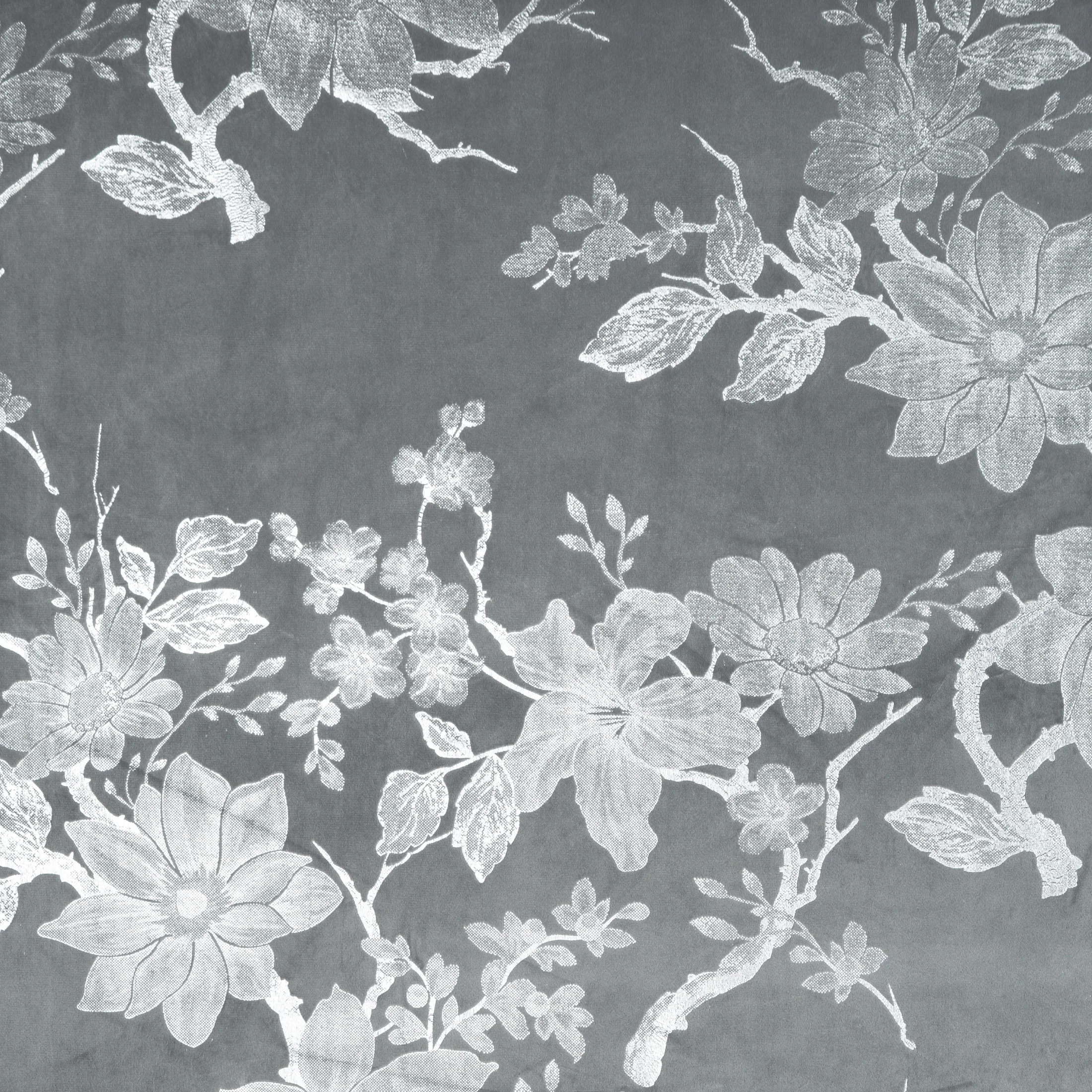 Zasłona stalowo, srebrna zdobiona nadrukiem połyskijących kwiatów 140x250 cm przelotka - CELIA Eurofirany