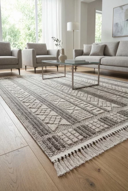Dywan 50x80 cm jasnobeżowy, jasnoszary zdobiony motywem geometrycznym z frędzlami JOY3 Eurofirany