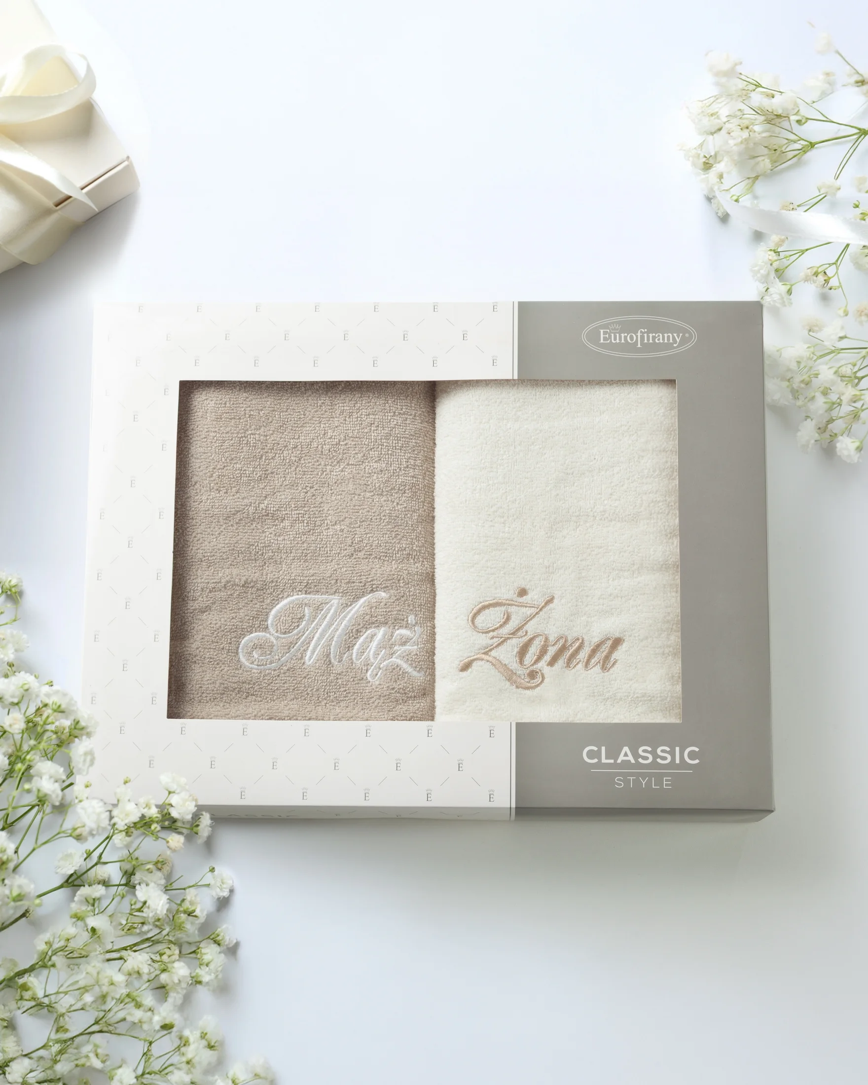 Zestaw ręczników bawełnianych 2 szt 50x90 cm z haftem Żona i Mąż kolor kremowy,ciemnozielony 400 g/m2 Eurofirany