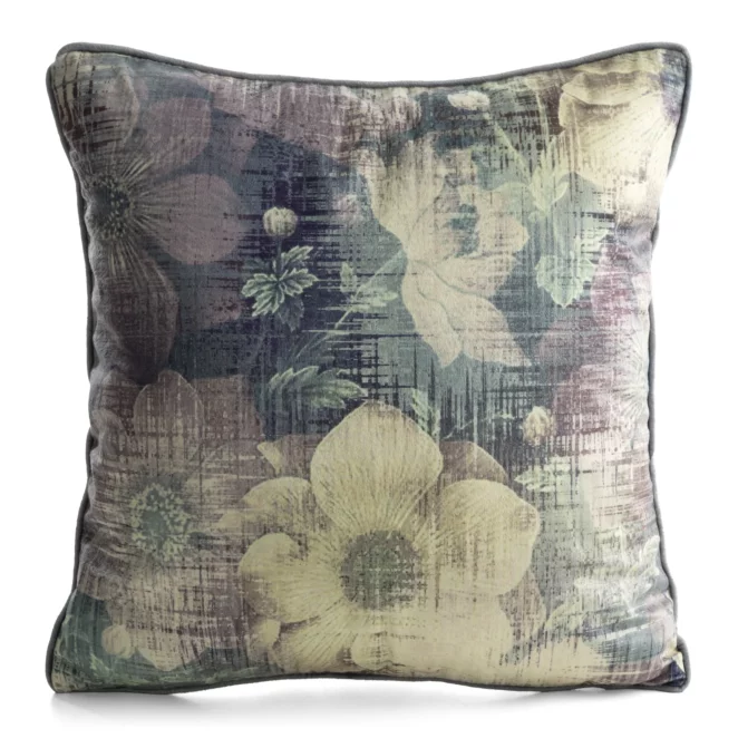 Poszewka na poduszkę 45x45 cm welwetowa fioletowo, granatowa z roślinnym nadrukiem VELVET 201 Eurofirany