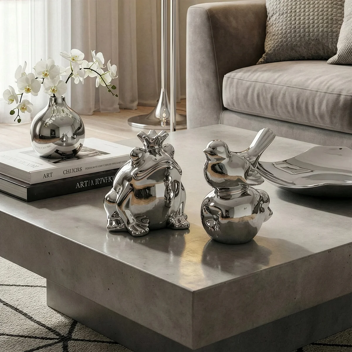 Figurka dekoracyjna ptaszek srebrna o wysokim połysku 10x7x11 cm FABIO Eurofirany