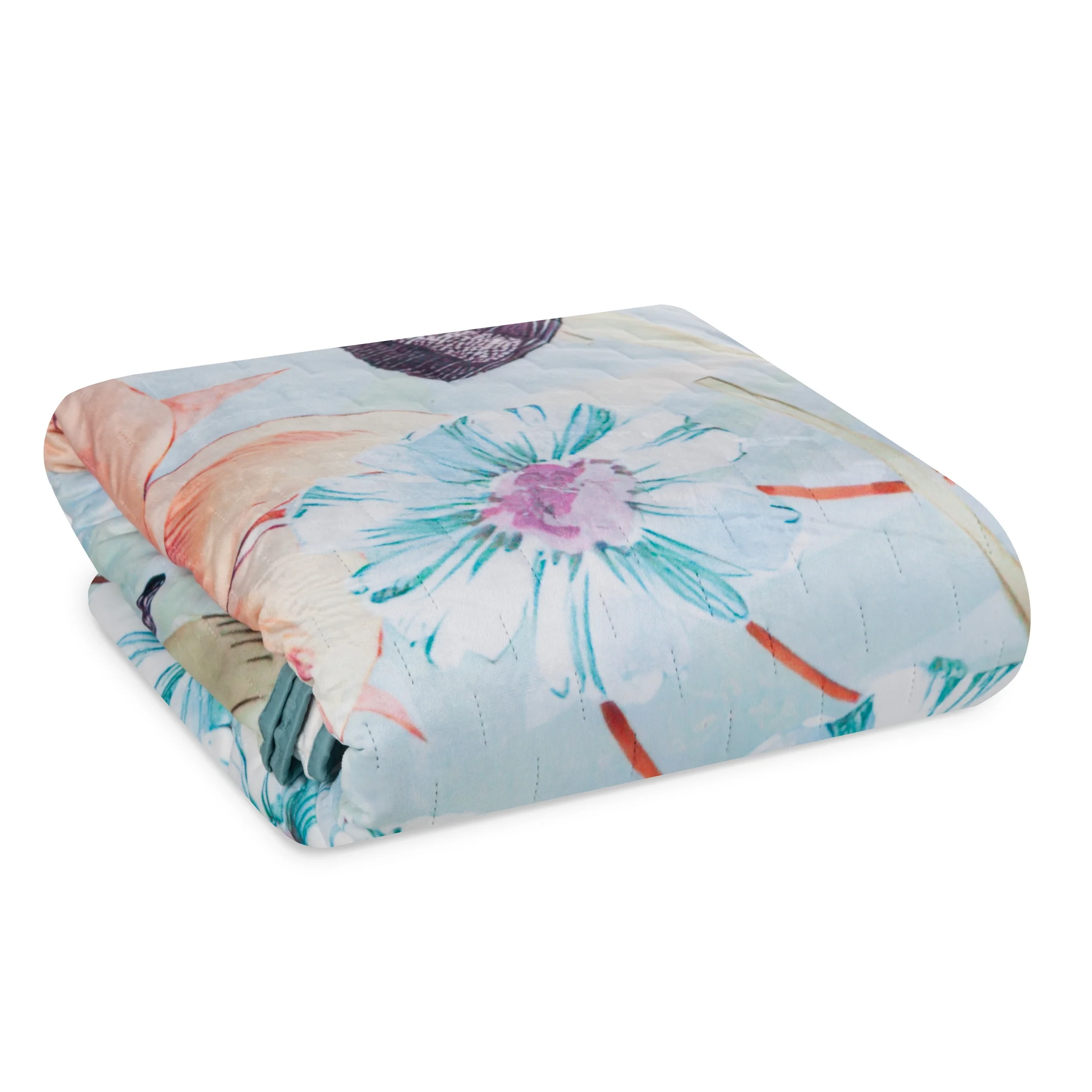 Narzuta welwetowa jasnoturkusowa 220x240 cm z kwiatowym nadrukiem pikowana metodą hot press ARLETA EUROFIRANY PREMIUM Eurofirany