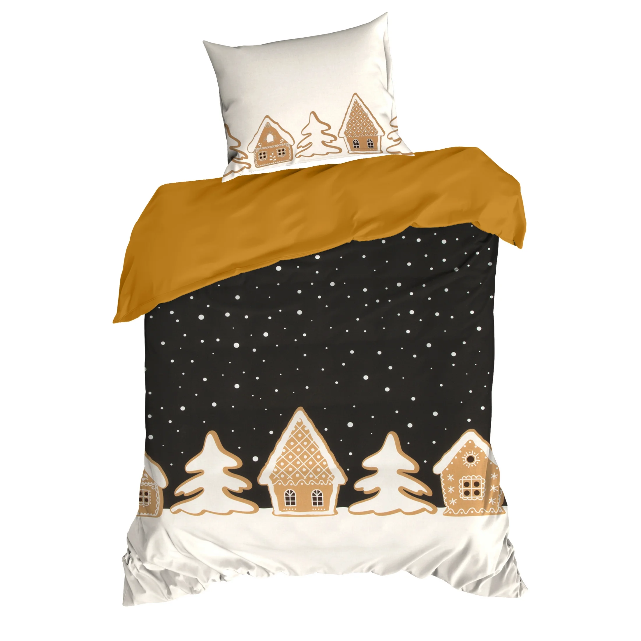 Pościel świąteczna 140x200 cm bawełniana kolor czarny, musztardowy z motywem piernikowych domków GOLDI Eurofirany