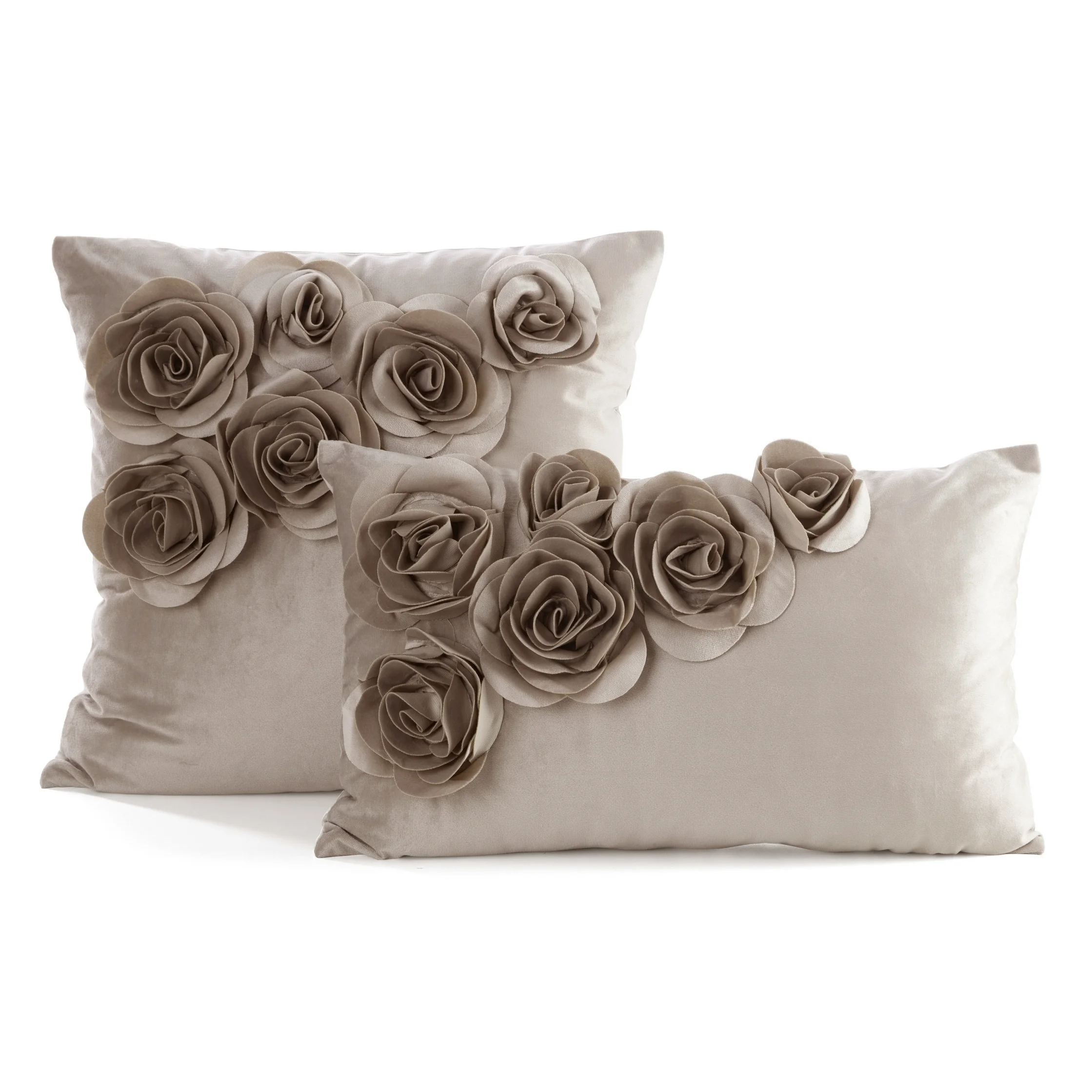 Poszewka na poduszkę 30 x 50 cm welwetowa kolor beżowy zdobiona aplikacja w róże Eurofirany