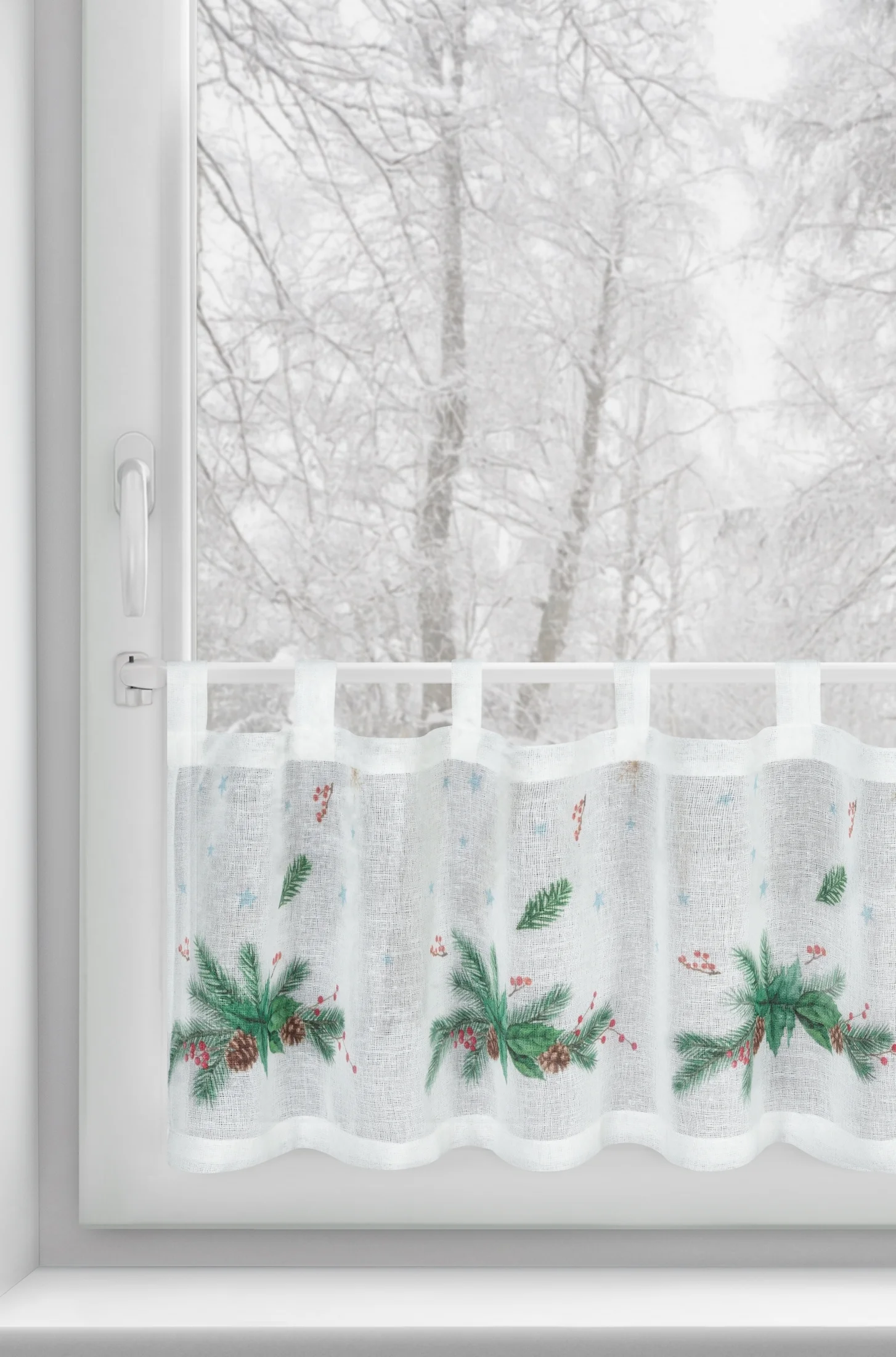 Zazdrostka świąteczna biało, zielona z etaminy zdobiona nadrukiem z motywem świątecznym 150x30 cm szelki - XMAS 4 Eurofirany