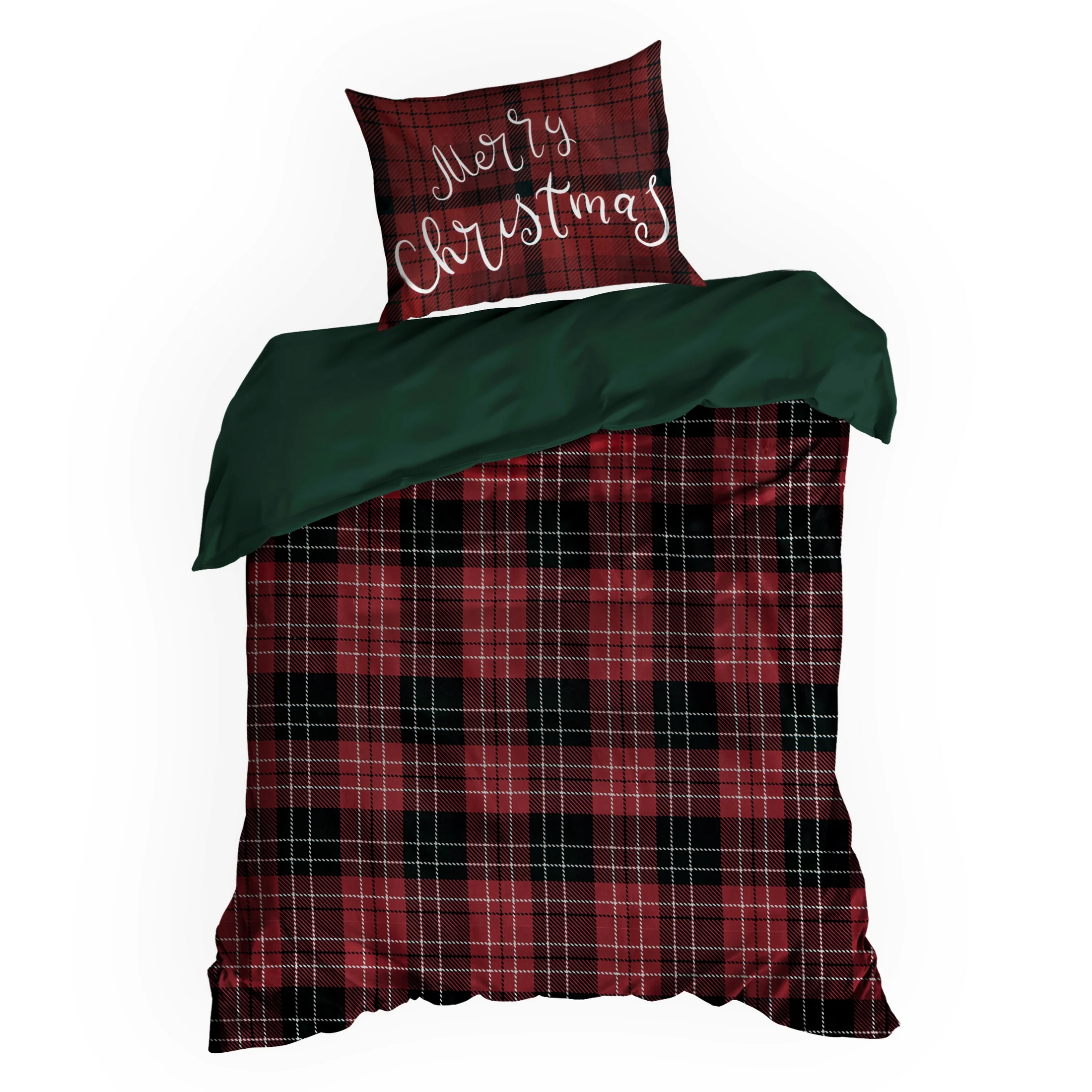 Pościel świąteczna 140x200 cm z bawełny ranforce, kolor bordowy, ciemnozielony z nadrukiem kraty NOELLIE Eurofirany