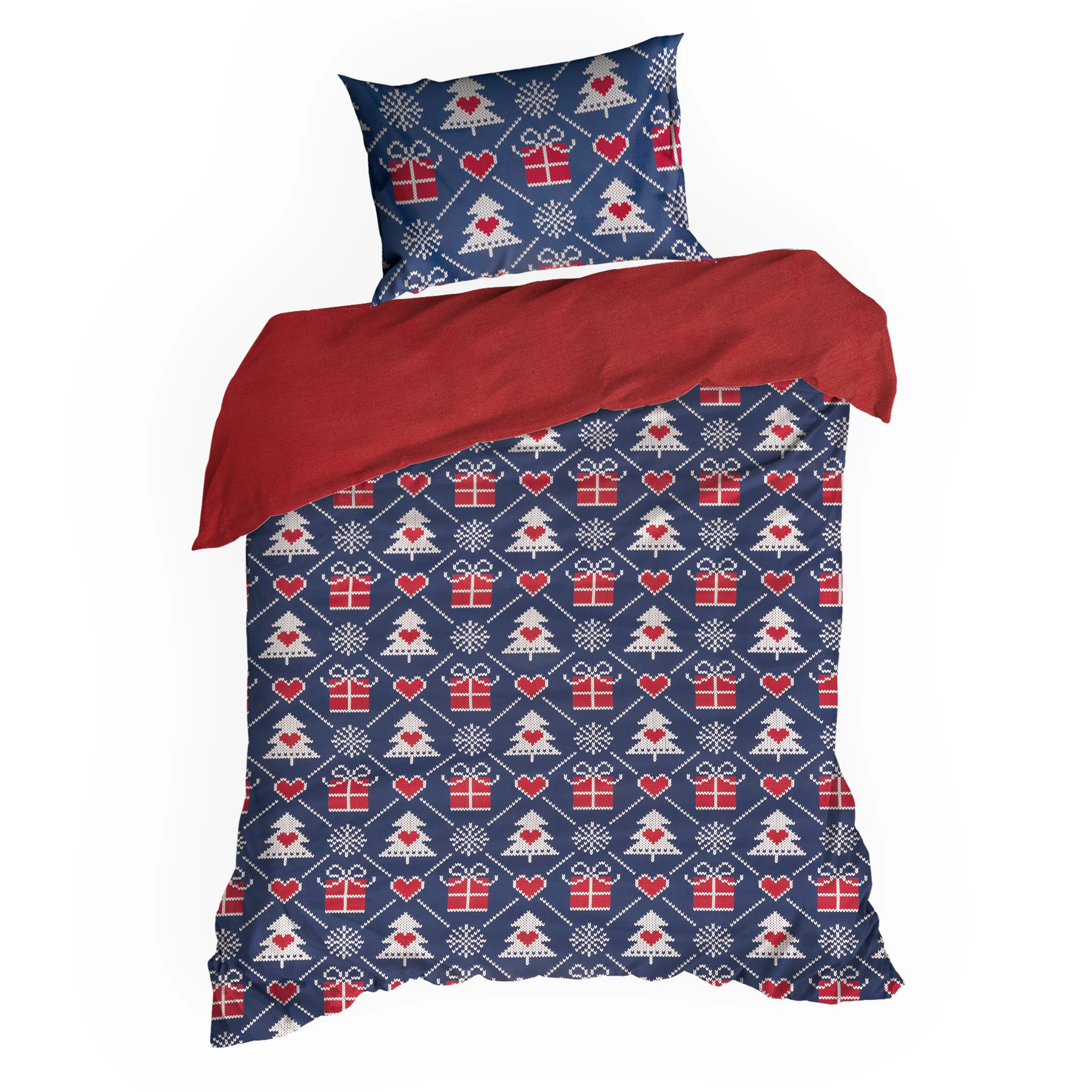 Pościel świąteczna 140x200 cm bawełniana kolor granatowy, czerwony z motywem choinek MERRY Eurofirany
