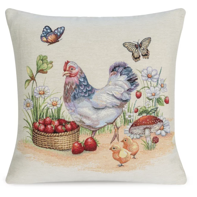 Poszewka na poduszkę 45x45 cm gobelinowa naturalno czerwona z tkanym motywem kury Eurofirany