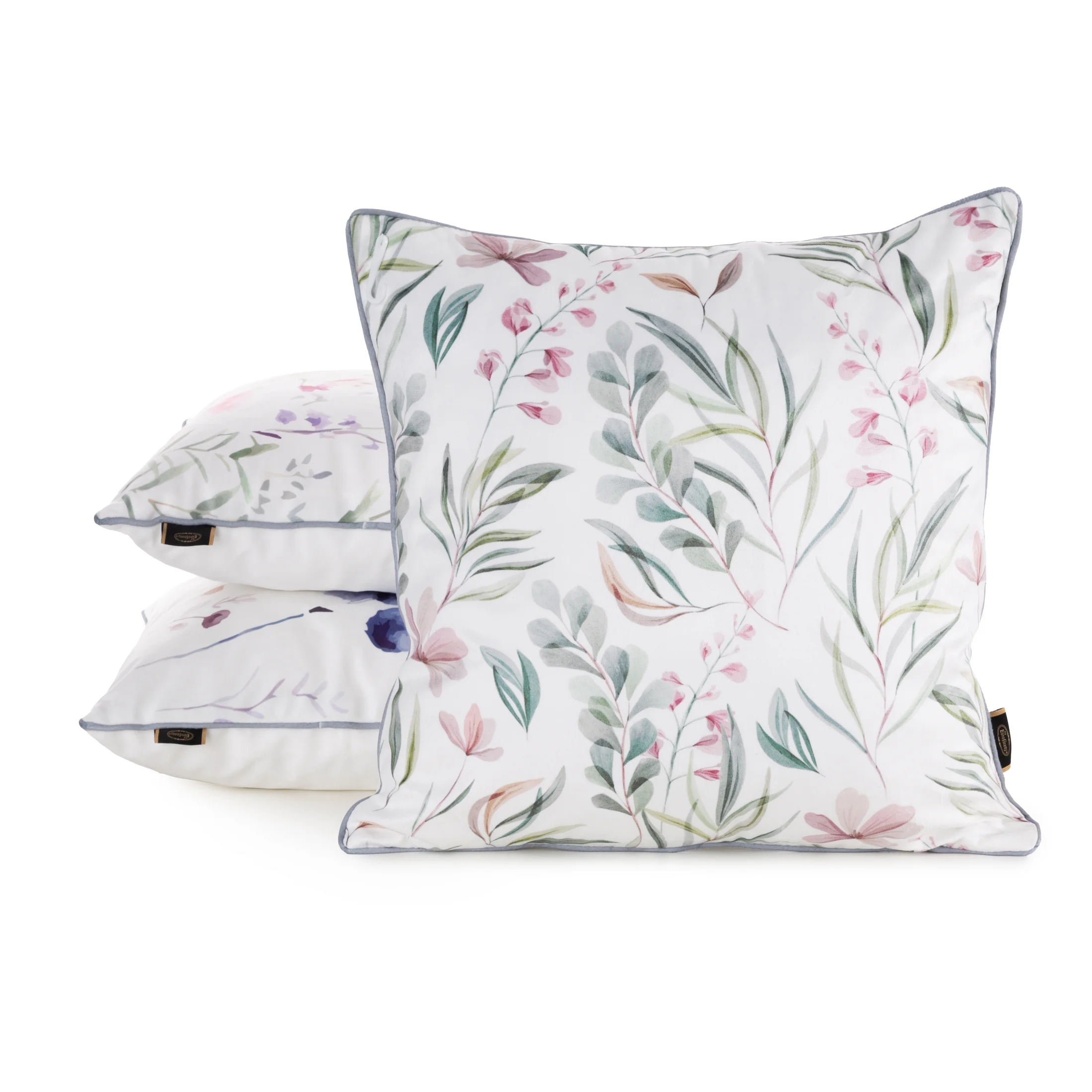 Poszewka na poduszkę 45x45 cm welwetowa z nadrukiem pastelowych kwiatów i ozdobną kontrastującą wypustką biało, zielona VELVET 148 EUROFIRANY PREMIUM