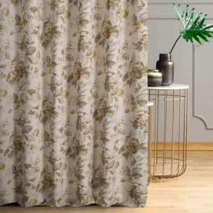Zasłona szyta na tunelu kremowo musztardowa z tkaniny z dodatkiem bawełny i nici metalicznej, o wzorze w kwiaty, zawiera 20% bawełny
